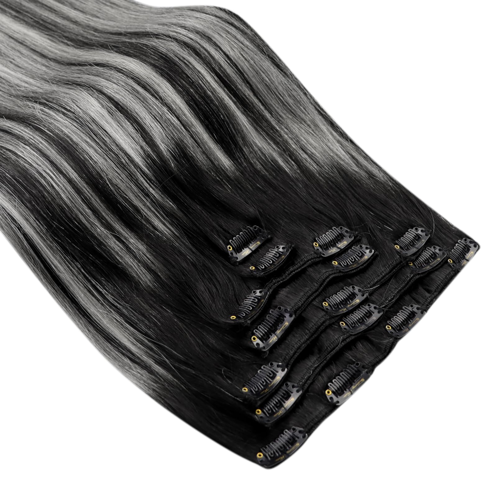 Ve Sunny 7pcs 120g 22inch Clip-in Human Hair Extensions - Natural Black Ombre Silver Blonde Remy Real Hair - Perfect for Daily Styling, Parties & Special Occasions