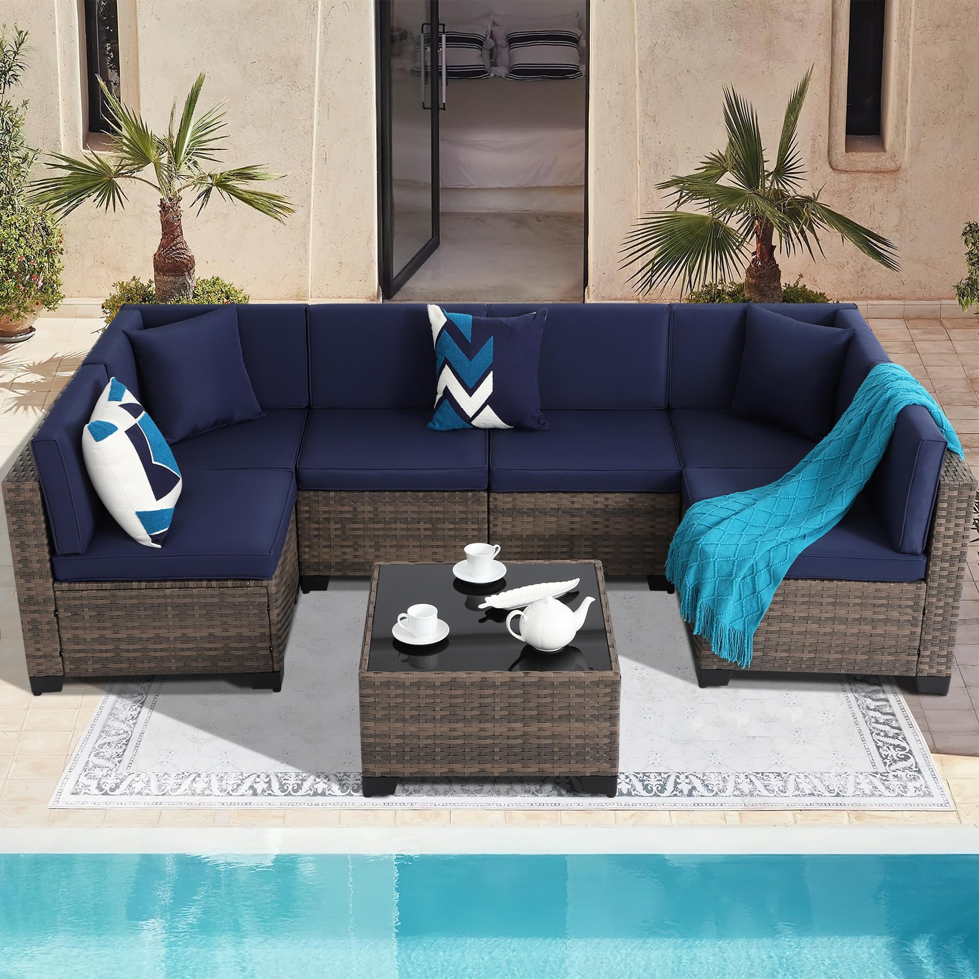 KIGOTY 7-Piece Modular Outdoor Sectional Sofa Set - All-Weather PE Rattan Wicker Patio Furniture with Cushions & Coffee Table (Brown/Navy) - Perfect for Backyard, Poolside & Garden Relaxation