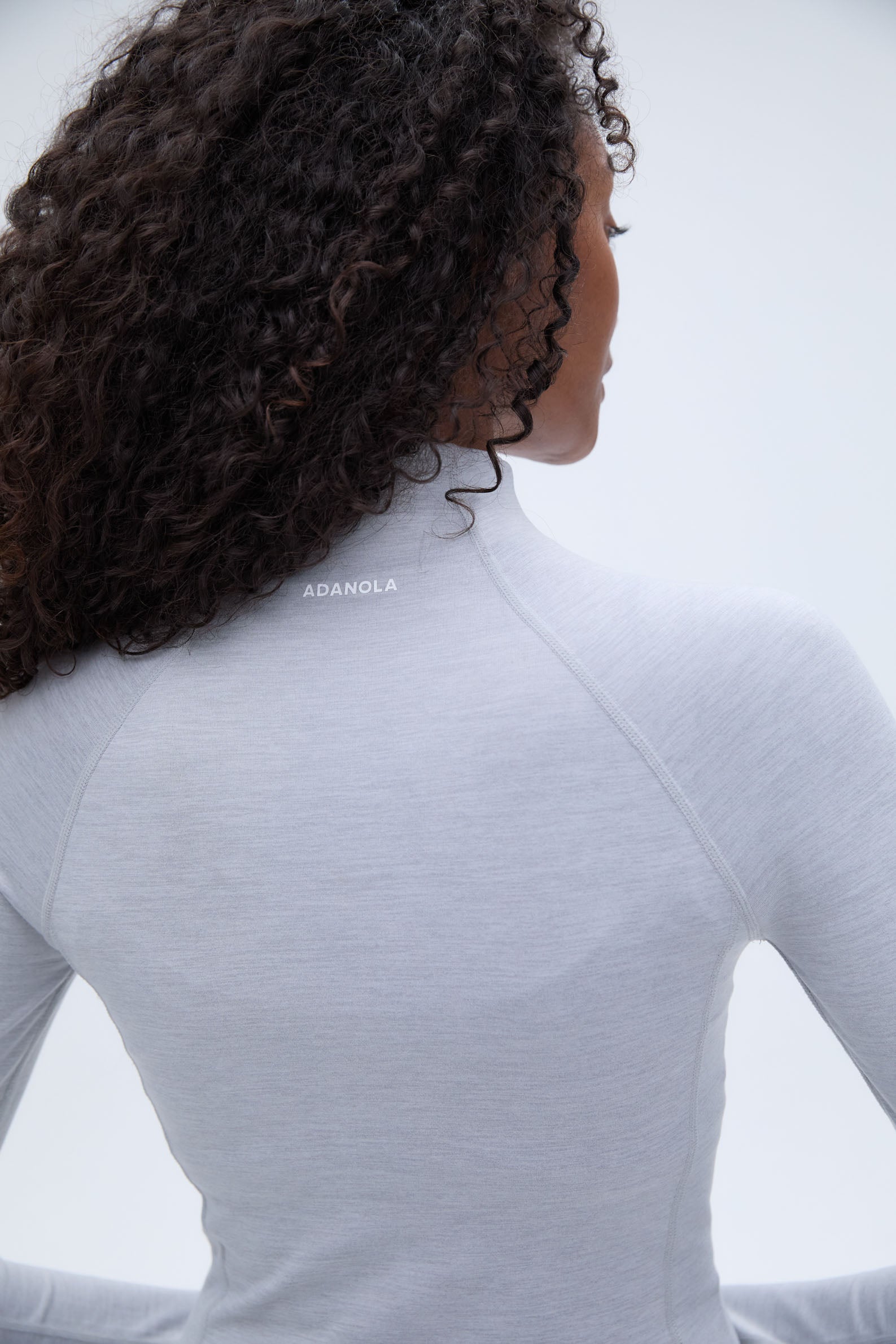 Brushed Long Sleeve Mock Neck Zip Up Top for Women - Light Grey Melange | Soft Winter Layering Piece for Casual Outfits & Outdoor Activities