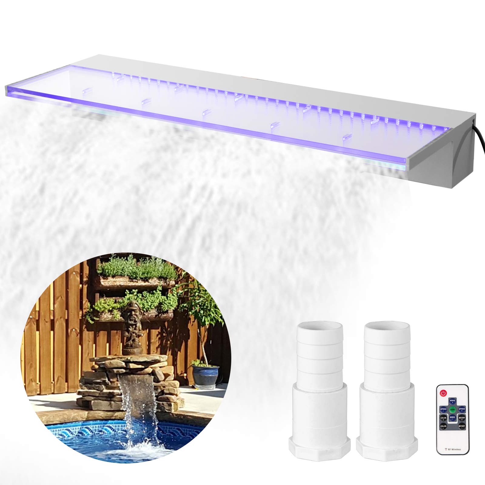 Happybuy 23.6x3.2x8.1 Inch Acrylic Pool Waterfall Fountain with 17 Color LED Lights & Remote Control - Outdoor Water Spillway Kit for Garden Ponds, Swimming Pools, and Backyard Decor