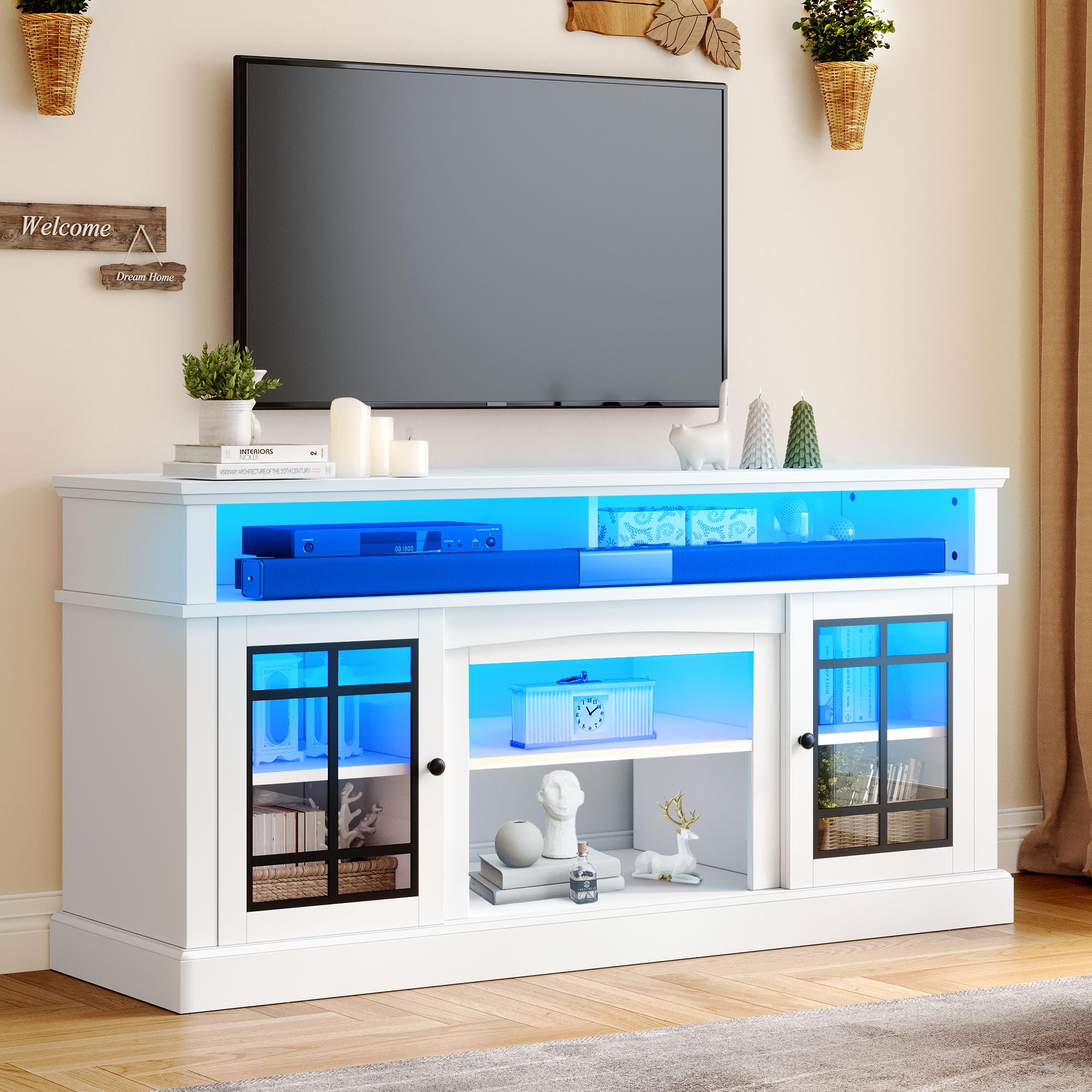 Modern White TV Stand for 75 Inch TVs - Adjustable Shelves & Glass Doors LED Entertainment Center, 32