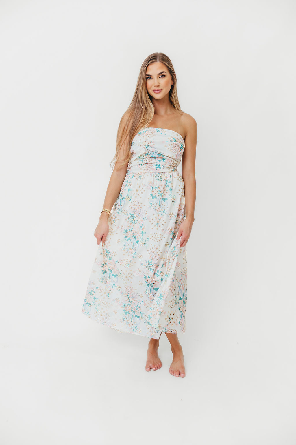Rosella Floral Eyelet Lace Ruched Tube Maxi Dress - Women's Spring Summer Boho Flowy Long Dress for Beach Wedding Party Vacation