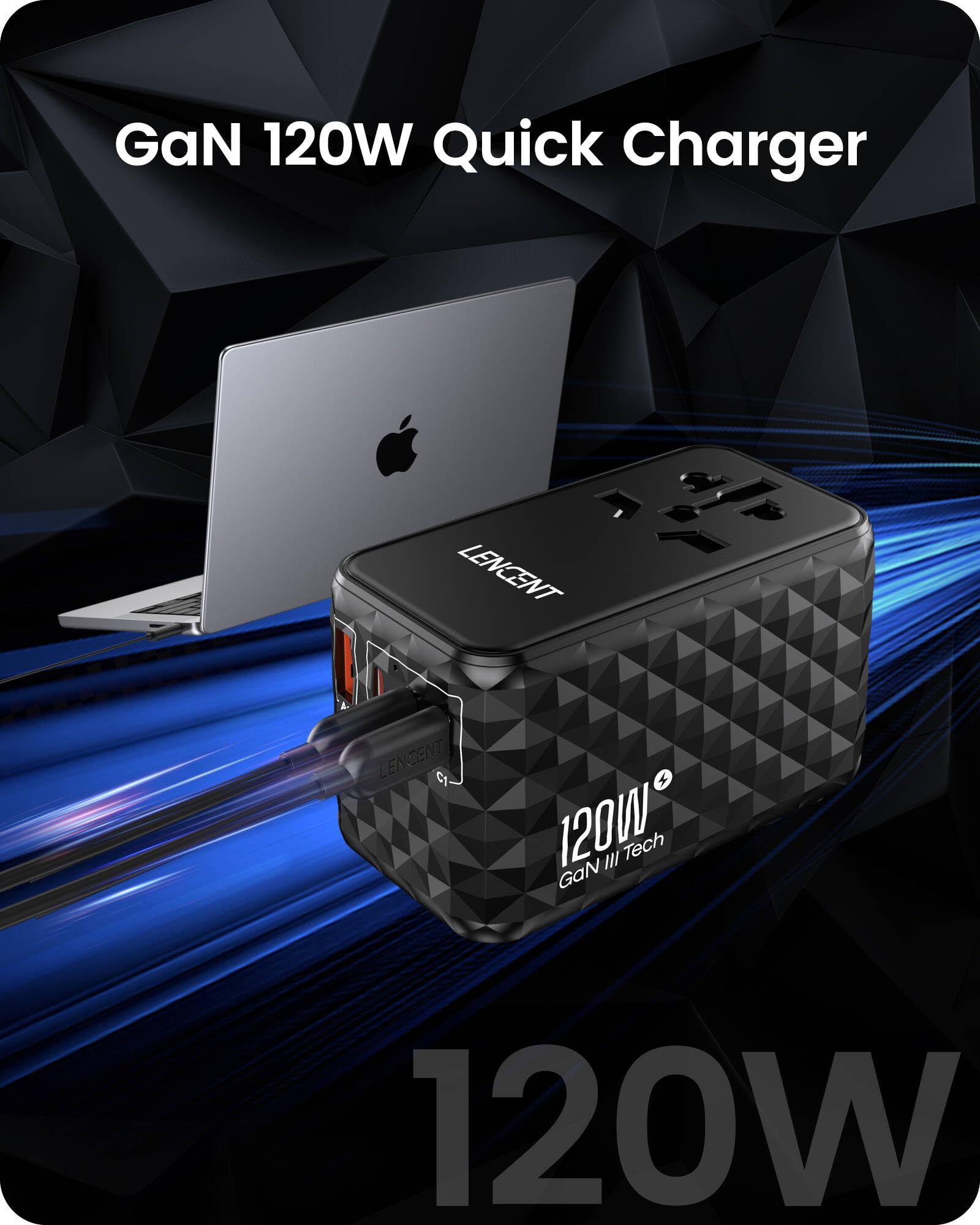 LENCENT 120W GaN Universal Travel Adapter with 4 Ports (1 USB-A & 3 USB-C) - Worldwide Fast Charger for iPhone, MacBook, Samsung, Laptops - Compatible with US/UK/EU/AU Plugs - Perfect for Business Travel, Vacation & International Trips (Black)