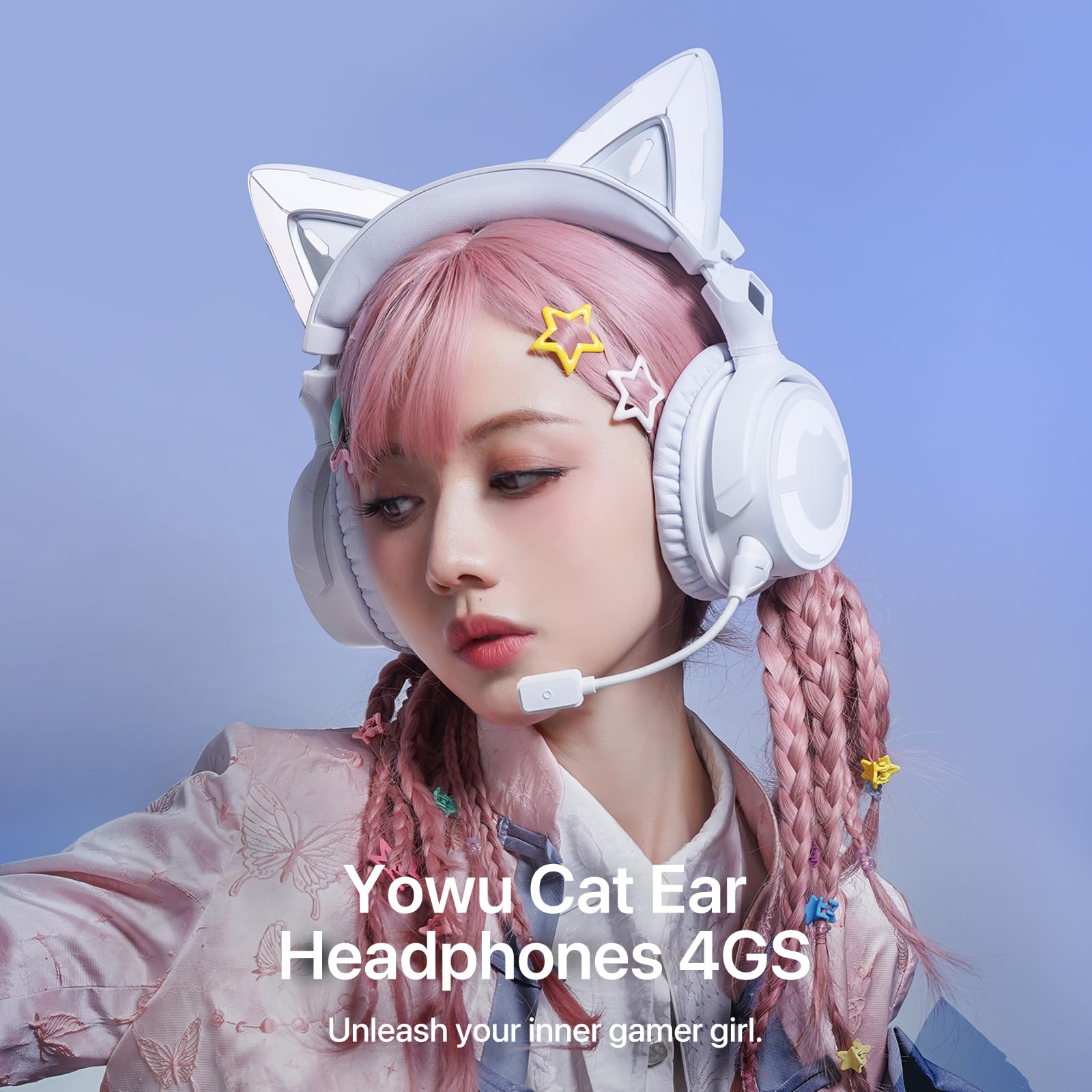 YOWU Cat Ear RGB Gaming Headset with Mic - 2.4G Wireless & Wired USB/Type C Bluetooth Headphones for PC, PS4, PS5, XBOX, Switch (White) - Perfect for Gaming, Streaming & Cosplay