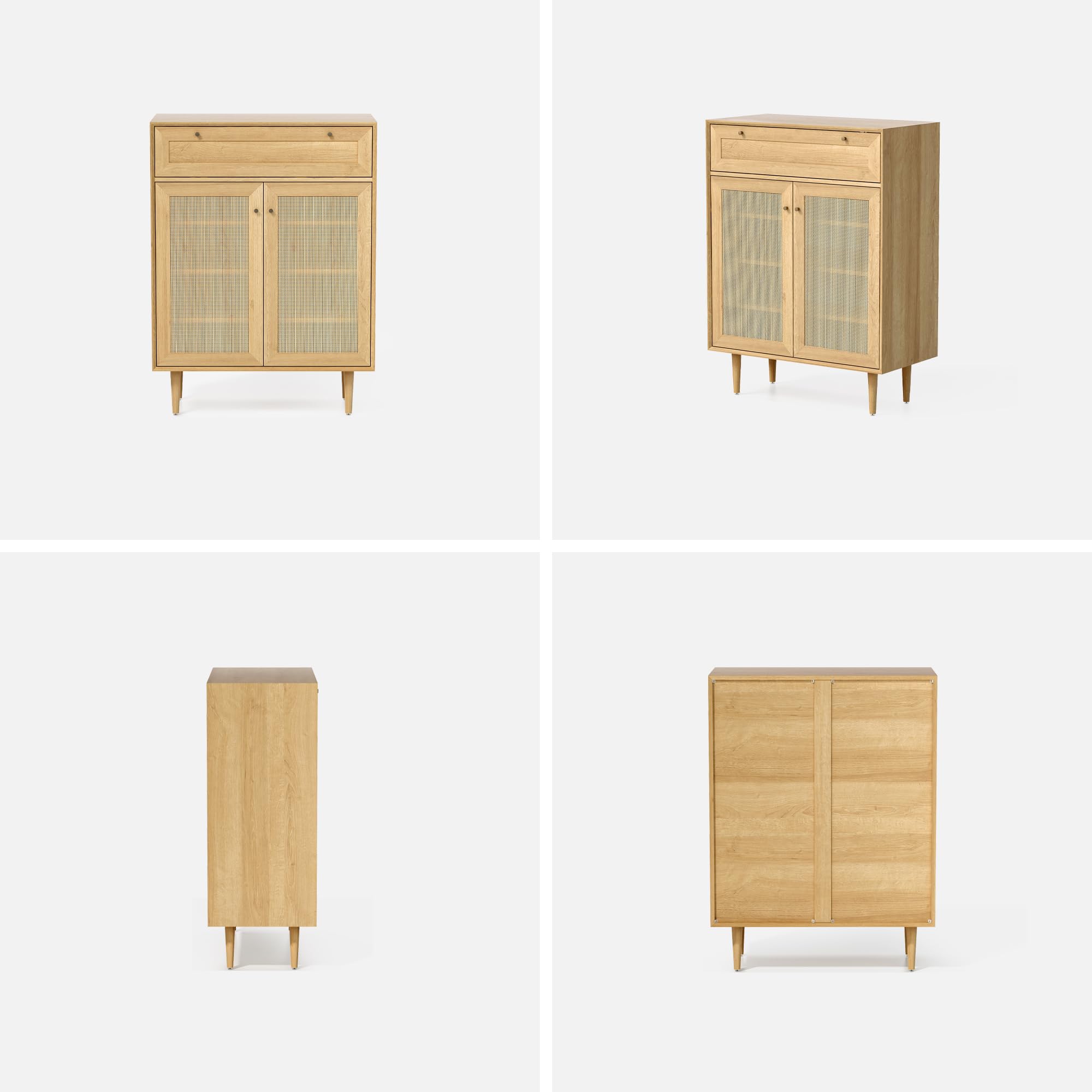 Modern Rattan Shoe Cabinet with Drawer & Doors - Large Freestanding Shoe Storage Organizer with Adjustable Shelves & Anti-Tip Design - 4-Tier Natural Oak Shoe Rack for Entryway, Bedroom, or Closet Organization - Farmhouse Style Home Decor