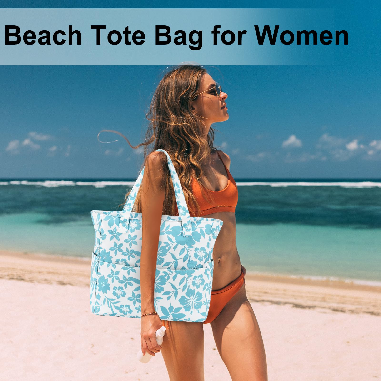 LEDAOU Large Waterproof Beach Tote Bag for Women - Sandproof Zippered Pool & Gym Bag with Wet Pocket - Perfect for Beach, Travel, Shopping & Groceries