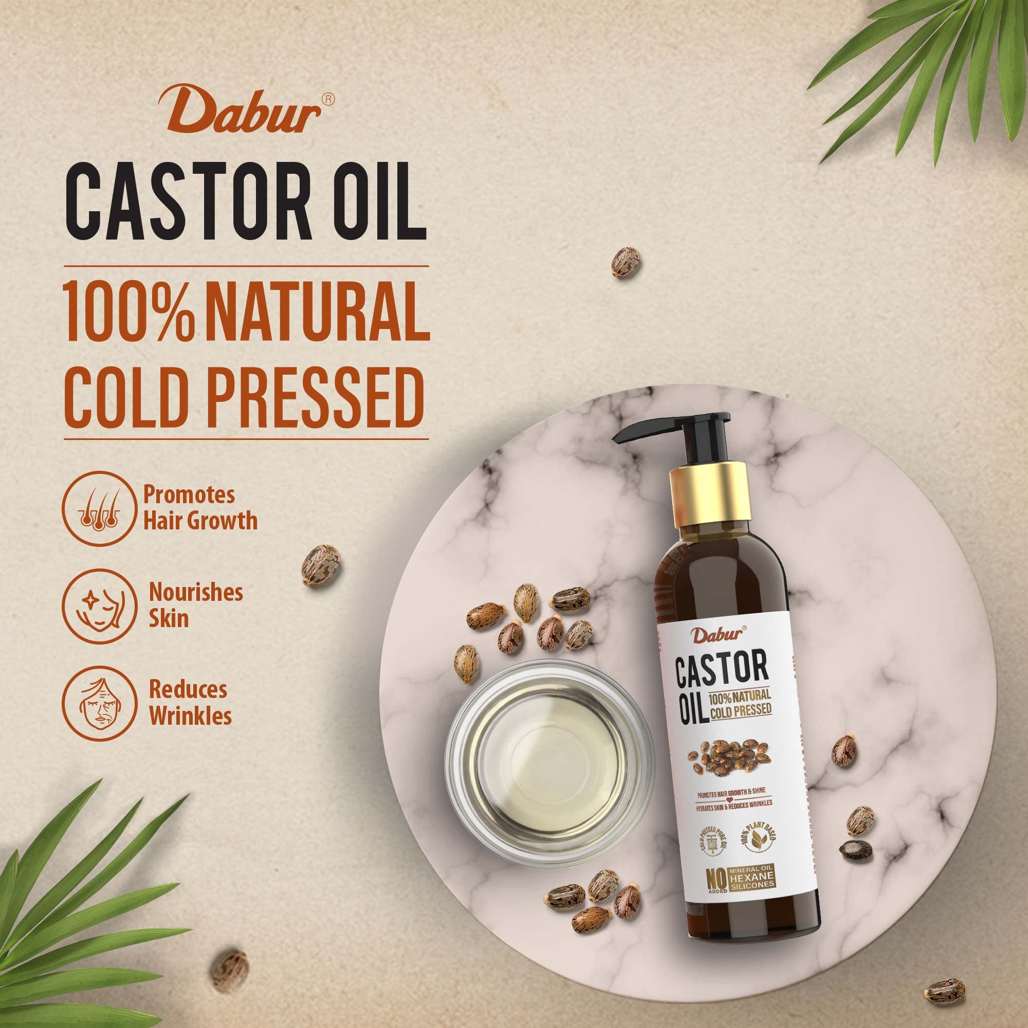 Dabur Castor Oil - 200ml | 100% Pure Cold Pressed Castor Oil for Hair Growth & Skin Care | Natural Moisturizer for Dry Skin, Eyelash & Eyebrow Growth | Reduces Wrinkles & Dark Circles | No Mineral Oil, Silicones or Additives | Perfect for Hair Masks, Skin Hydration & Beauty Routines