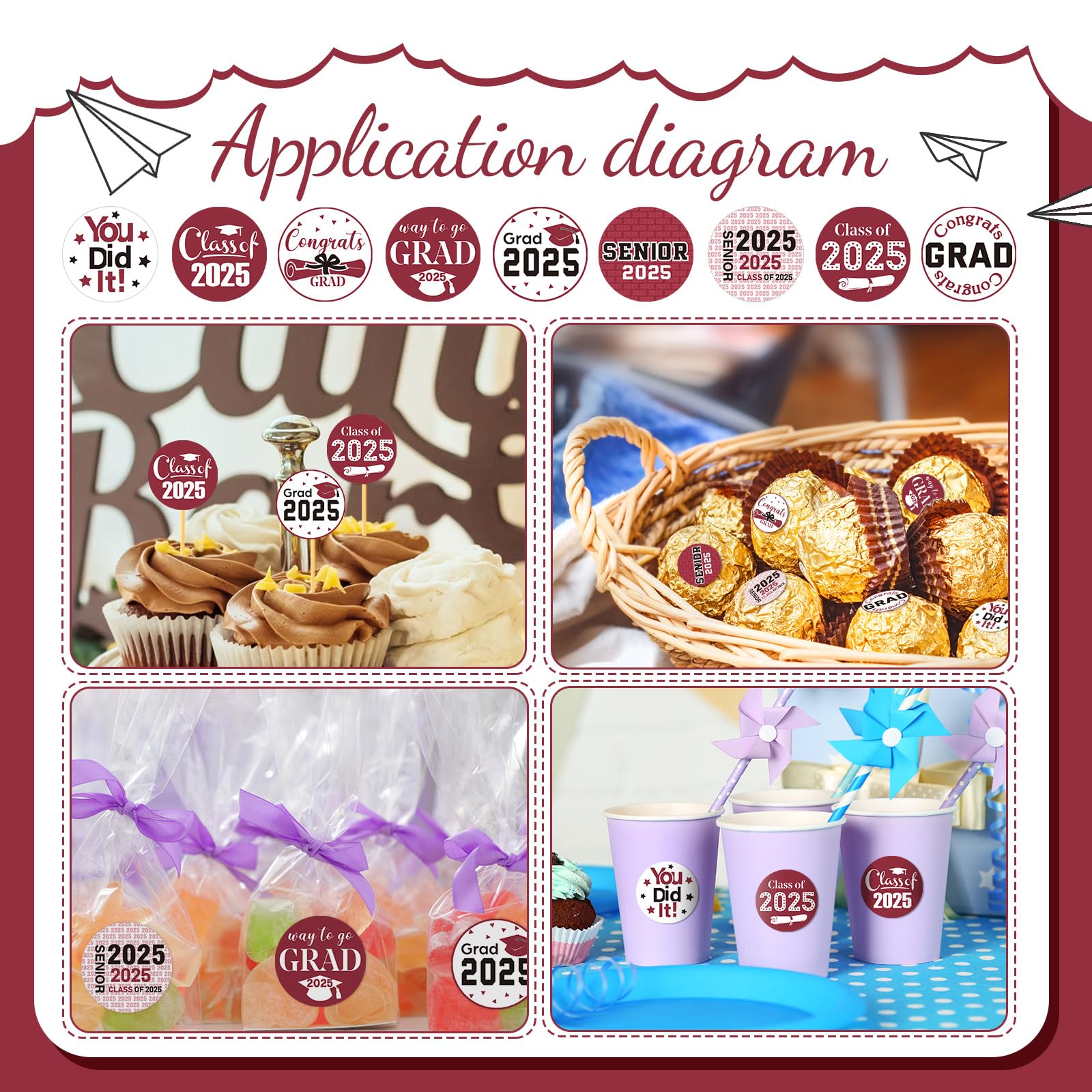 504-Piece 2025 Graduation Stickers Set - Congrats Grad Senior Class of 2025 Party Favors, Candy & Chocolate Labels for High School, College, Doctorate Celebrations (Maroon) | Perfect for Graduation Party Decorations, Gift Wrapping & Scrapbooking