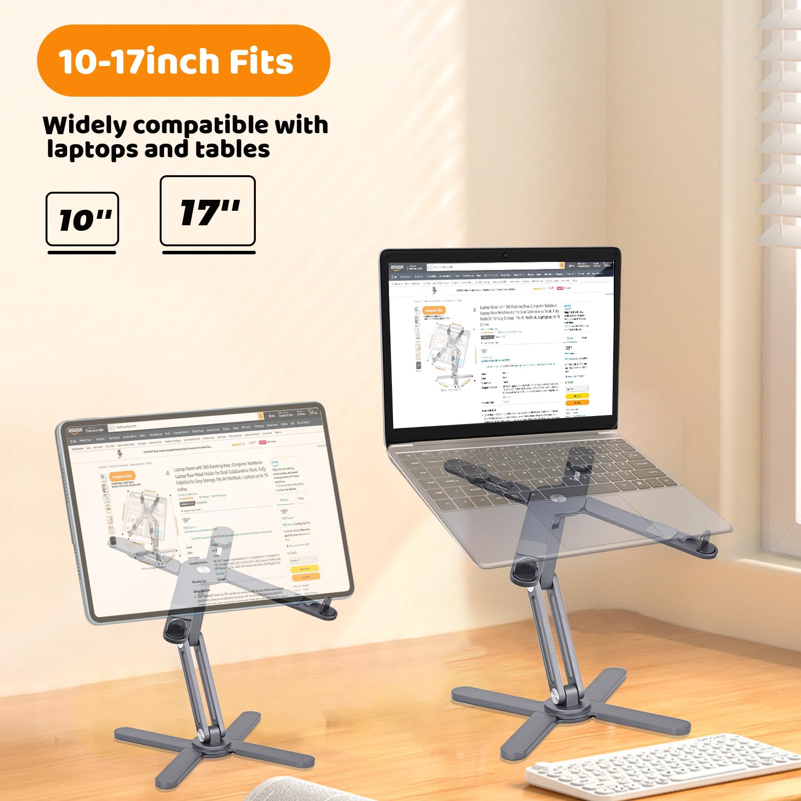 360° Rotating Laptop Stand with Foldable Metal Base, Ergonomic Notebook Riser for MacBook & Laptops up to 16 inches, Grey - Perfect for Desk Work, Collaborative Meetings & Home Office