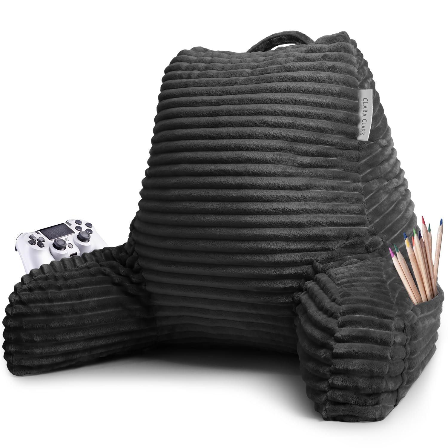 Clara Clark Reading Pillow for Adults - Plush Back Support Pillow with Arms & Pockets, Shredded Foam Bed Rest Pillow for Sitting Up in Bed (Grey) - Perfect for Reading, Watching TV, or Relaxing in Bed