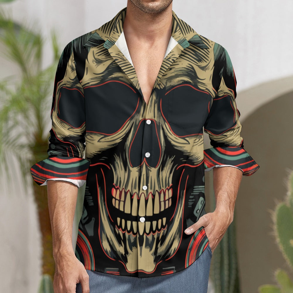 Radical Skull Print Casual One Pocket Long Sleeve Shirt for Men | Gothic Streetwear & Punk Rock Fashion | Perfect for Concerts, Halloween & Alternative Style