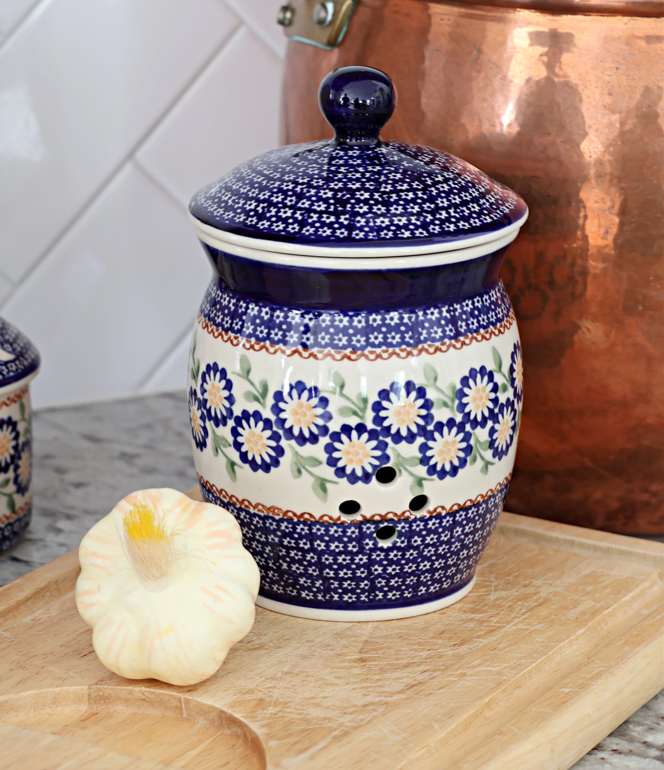 Blue Rose Polish Pottery Peach Blossom Garlic Keeper - Handmade Ceramic Garlic Storage Container for Kitchen, Pantry & Dining Room Decor