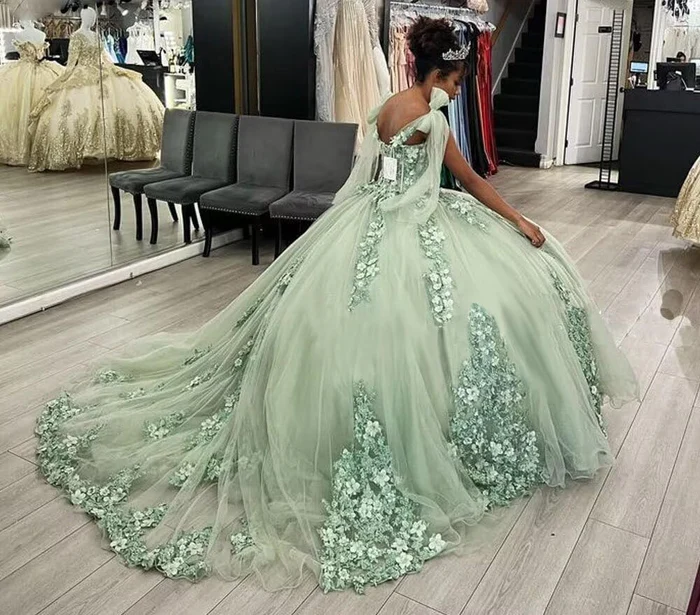 Elegant Sage Green Lace Off-the-Shoulder Ball Gown Dress for Sweet 16 & Quinceañera | Perfect for Prom, Homecoming, and Formal Events - Style J4581