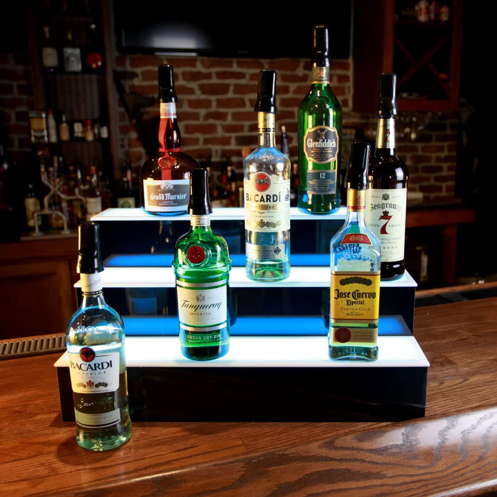 BARCONIC® 3-Tier LED Bottle Display Shelf - 18 Inch Wine & Liquor Storage Rack for Bars, Restaurants & Home Decor