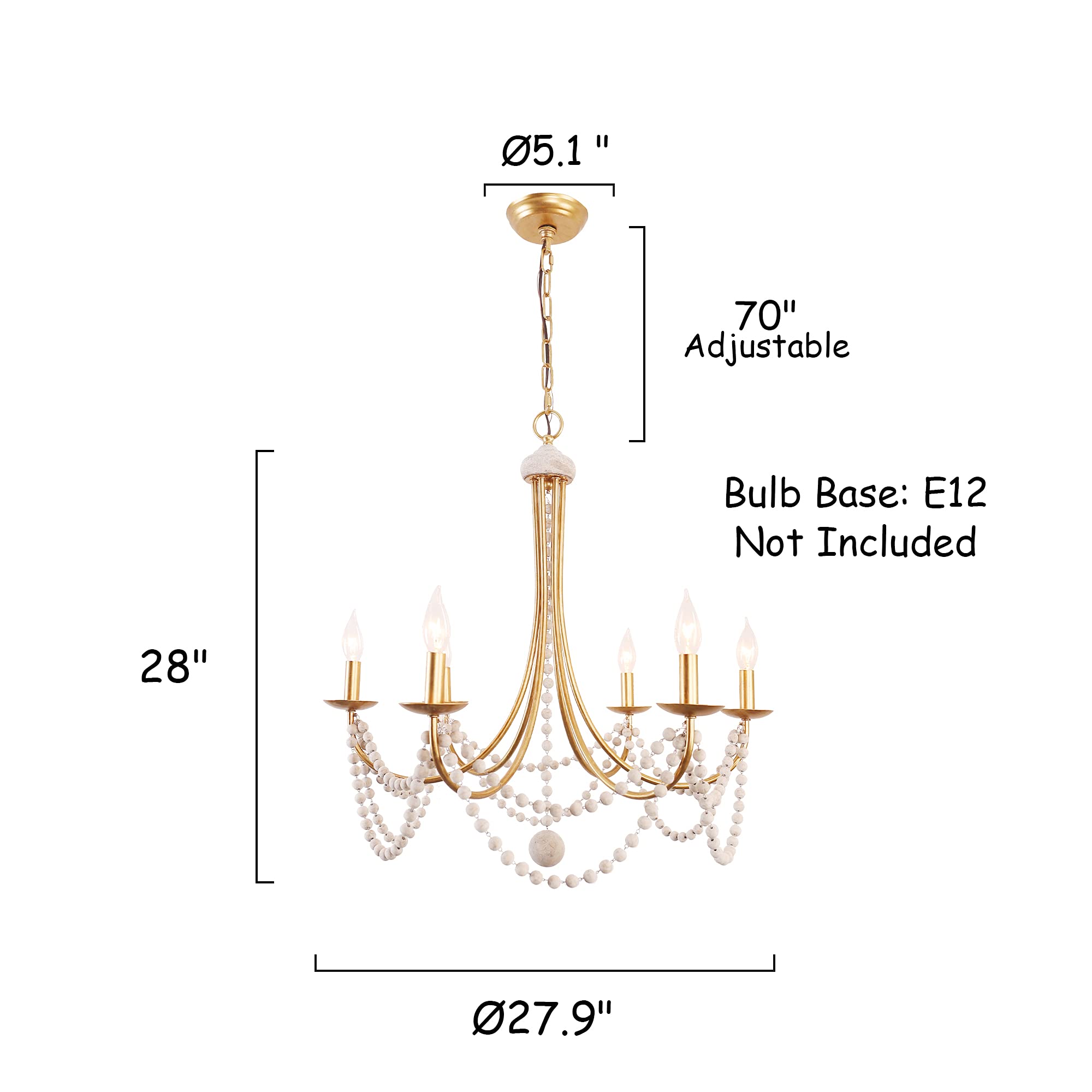 6-Light Farmhouse Wood Beaded Chandelier with Empire Design - Gold French Country Dining Room Lighting for Bedroom, Living Room & Entryway | Perfect for Rustic Home Decor & Wedding Venues