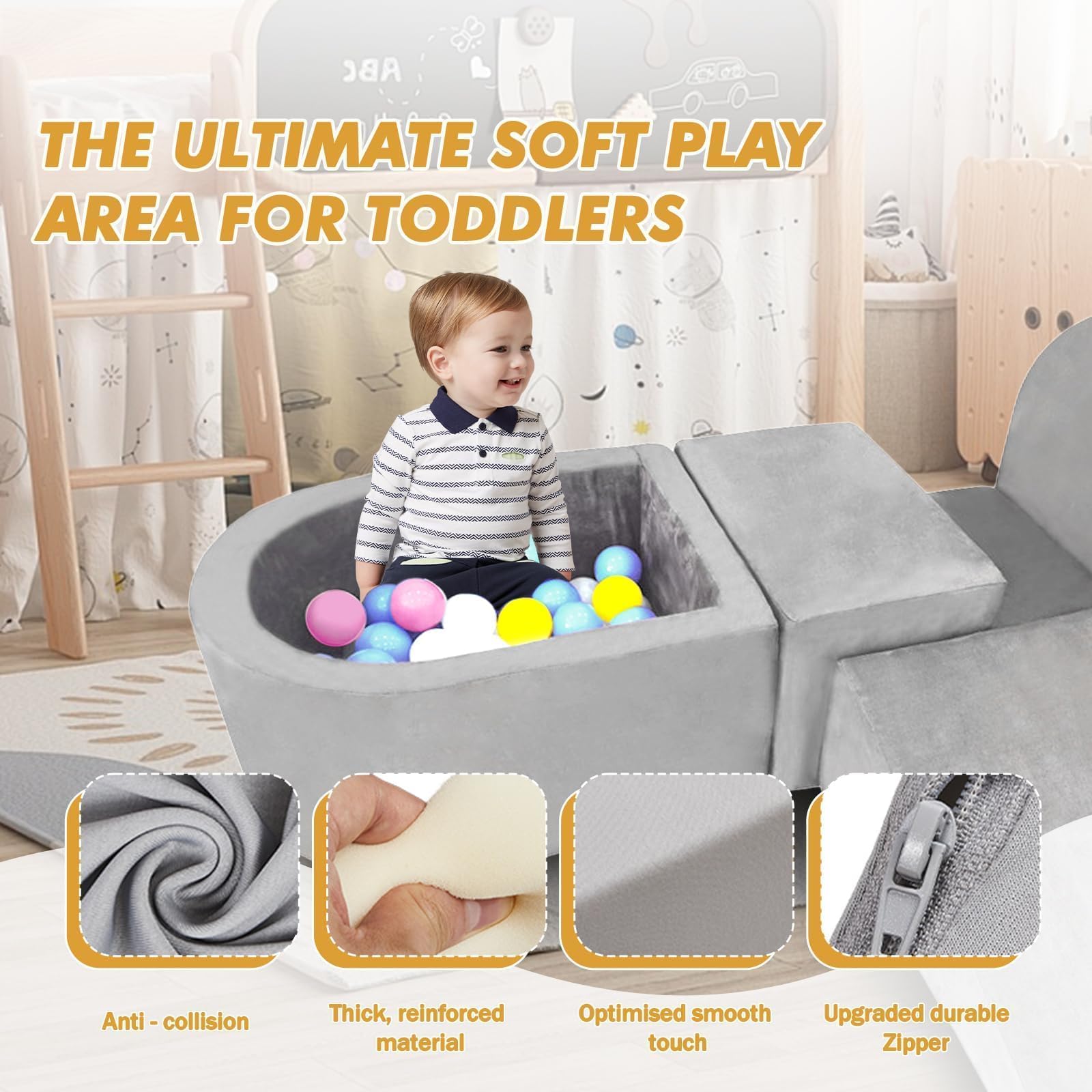 **Hoopyosms Foam Climbing Blocks for Toddlers – Soft Play Gym Set with 4 Blocks & Ball Pit (Balls Included) – Indoor Crawling, Sliding & Play for Kids – Perfect for Playrooms, Daycares & Safe Toddler Activities**
