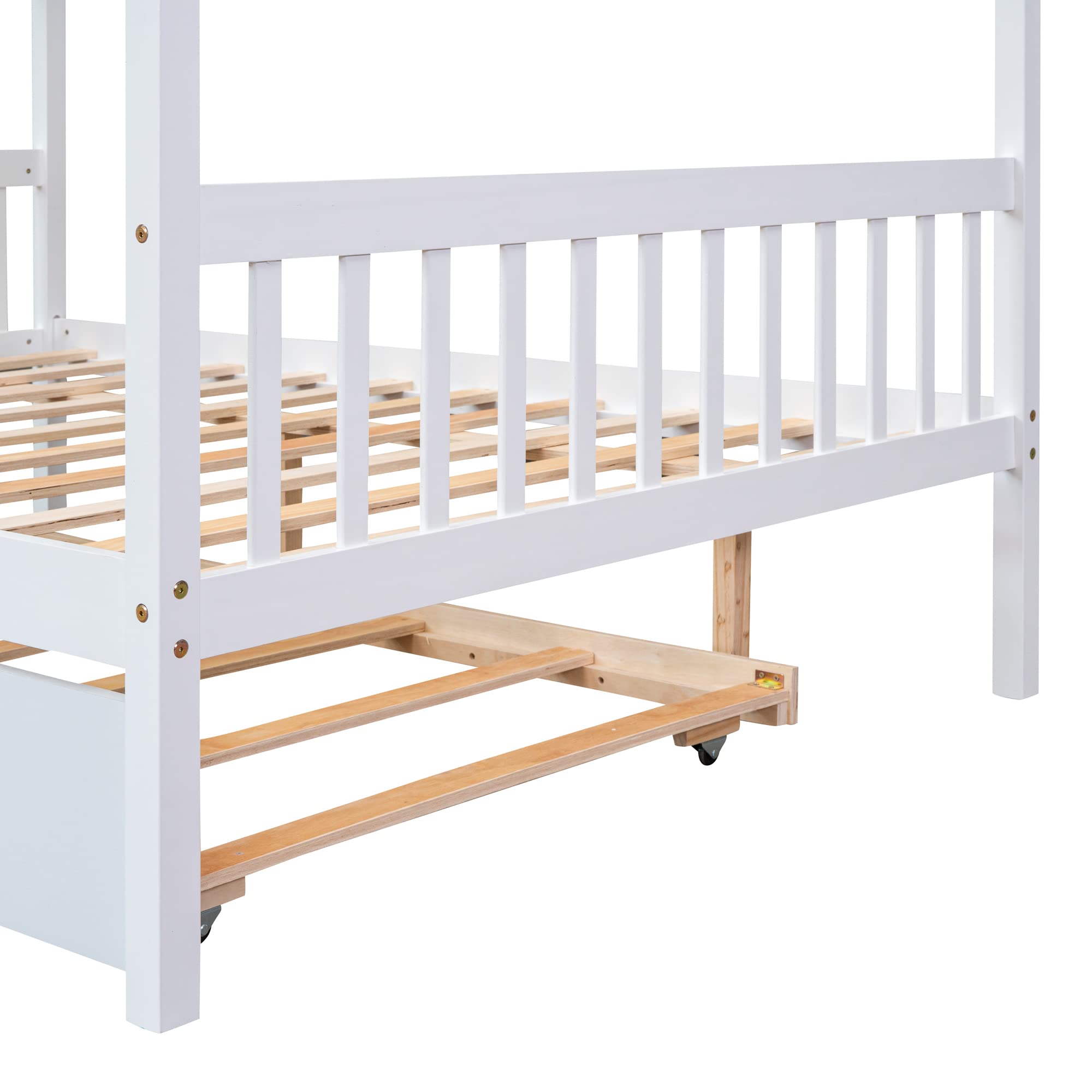 Bellemave Full Size House Bed with Twin Trundle - White Wooden Playhouse Bed with Roof for Kids' Bedroom, Nursery, or Playroom - Fun and Functional Children's Furniture