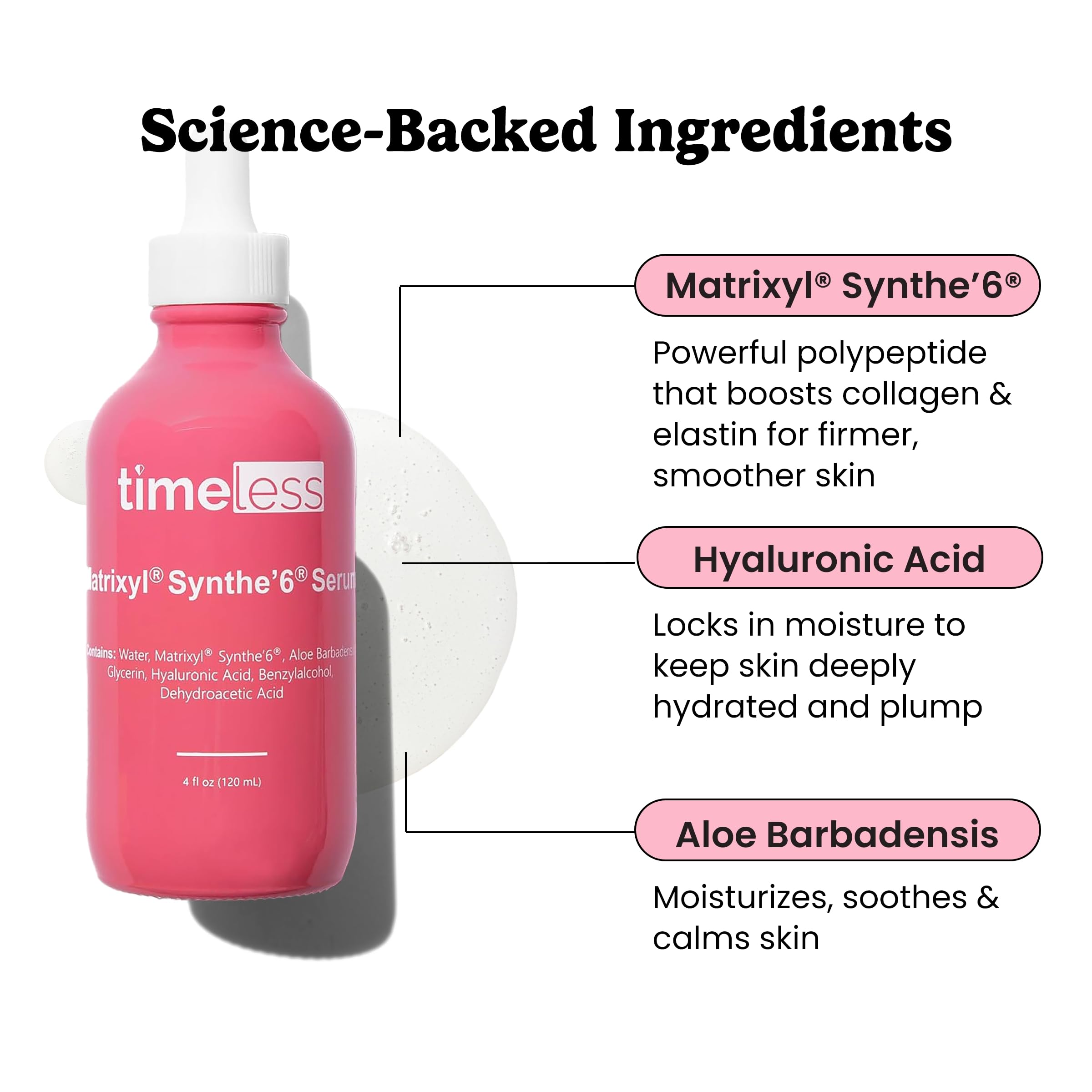 Timeless Skin Care Matrixyl Synthe’6 Serum - Anti-Aging Face Serum with Hyaluronic Acid for Hydration & Wrinkle Reduction - 4 oz - Perfect for Nighttime Routine & Dry Skin Care