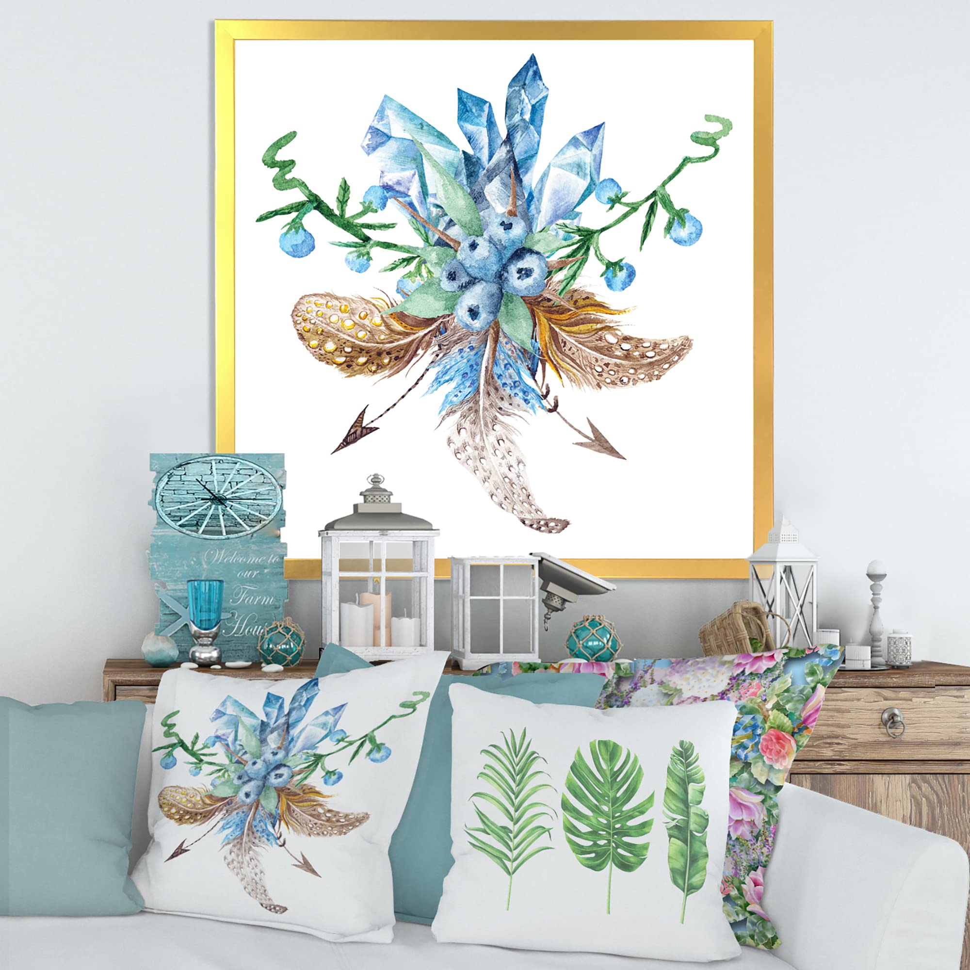 DesignQ Fresh Tribal Vignette Wild Forest Wreath Framed Wall Art - Traditional Home Decor for Living Room, Bedroom & Office