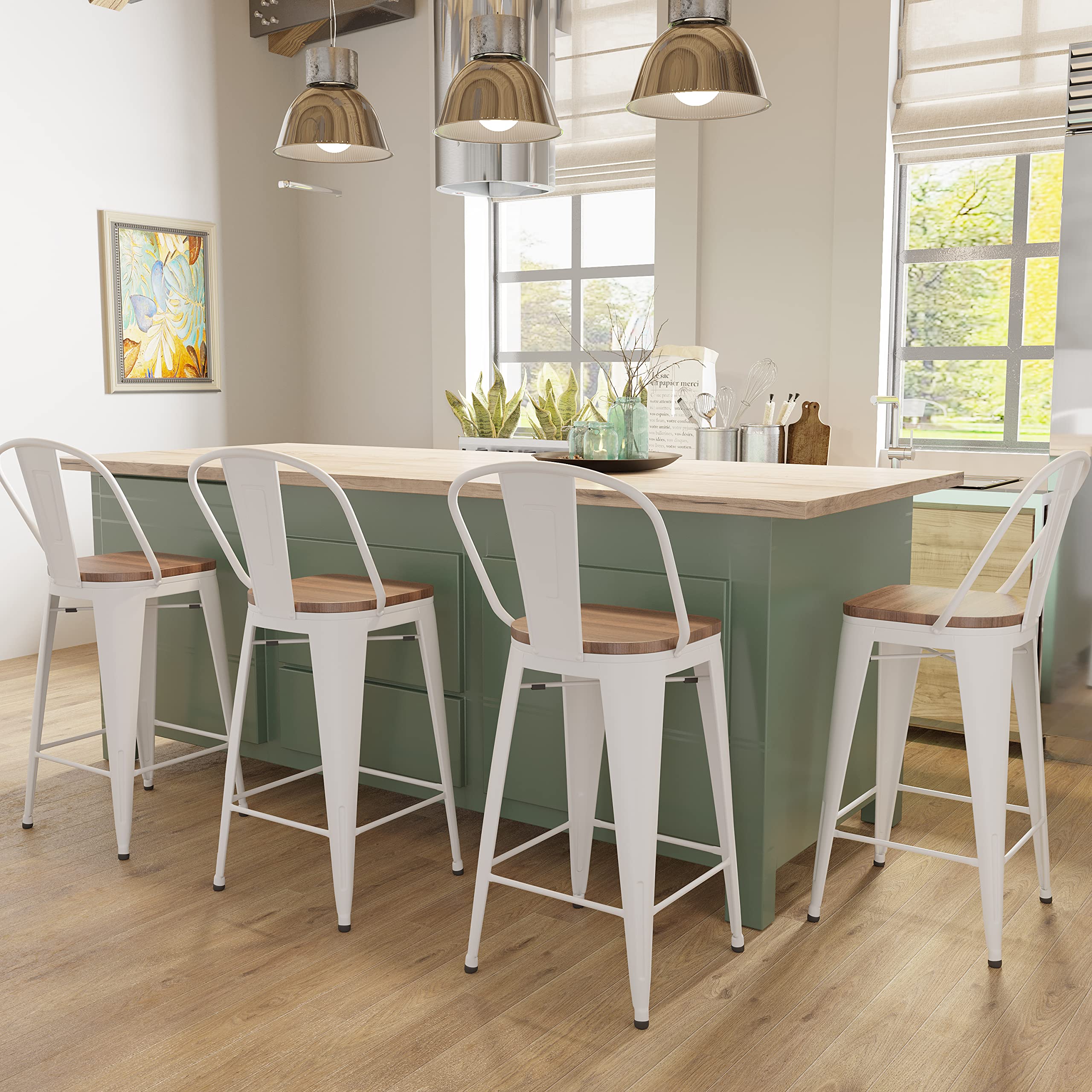 Aklaus 30 Inch Metal Bar Stools Set of 4 - Farmhouse Style Bar Height Stools with Backs & Larger Seat - Modern High Back Kitchen & Dining Chairs in White Cream - Perfect for Home Bars, Kitchen Islands & Breakfast Nooks
