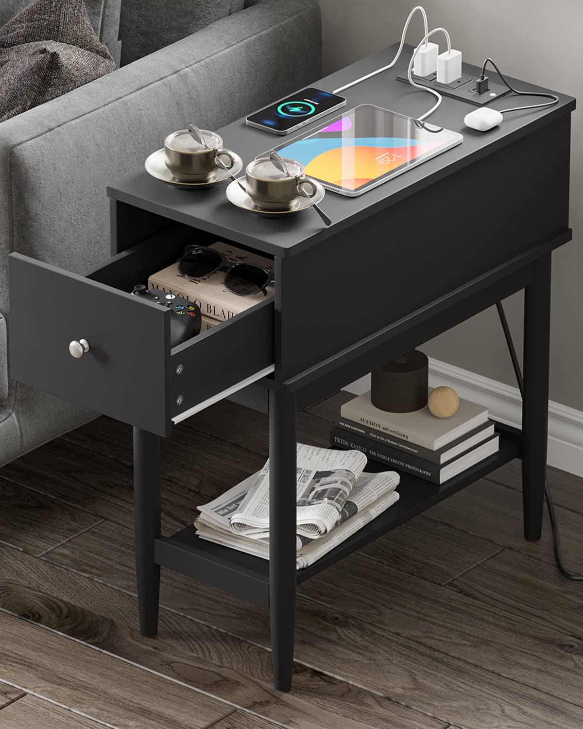 Hasuit Mid-Century Modern Narrow End Table with Charging Station & Storage Drawer - Solid Wood Legs, Black Lacquer Nightstand for Bedroom & Living Room - Perfect for Small Spaces, Phone Charging & Bedside Organization