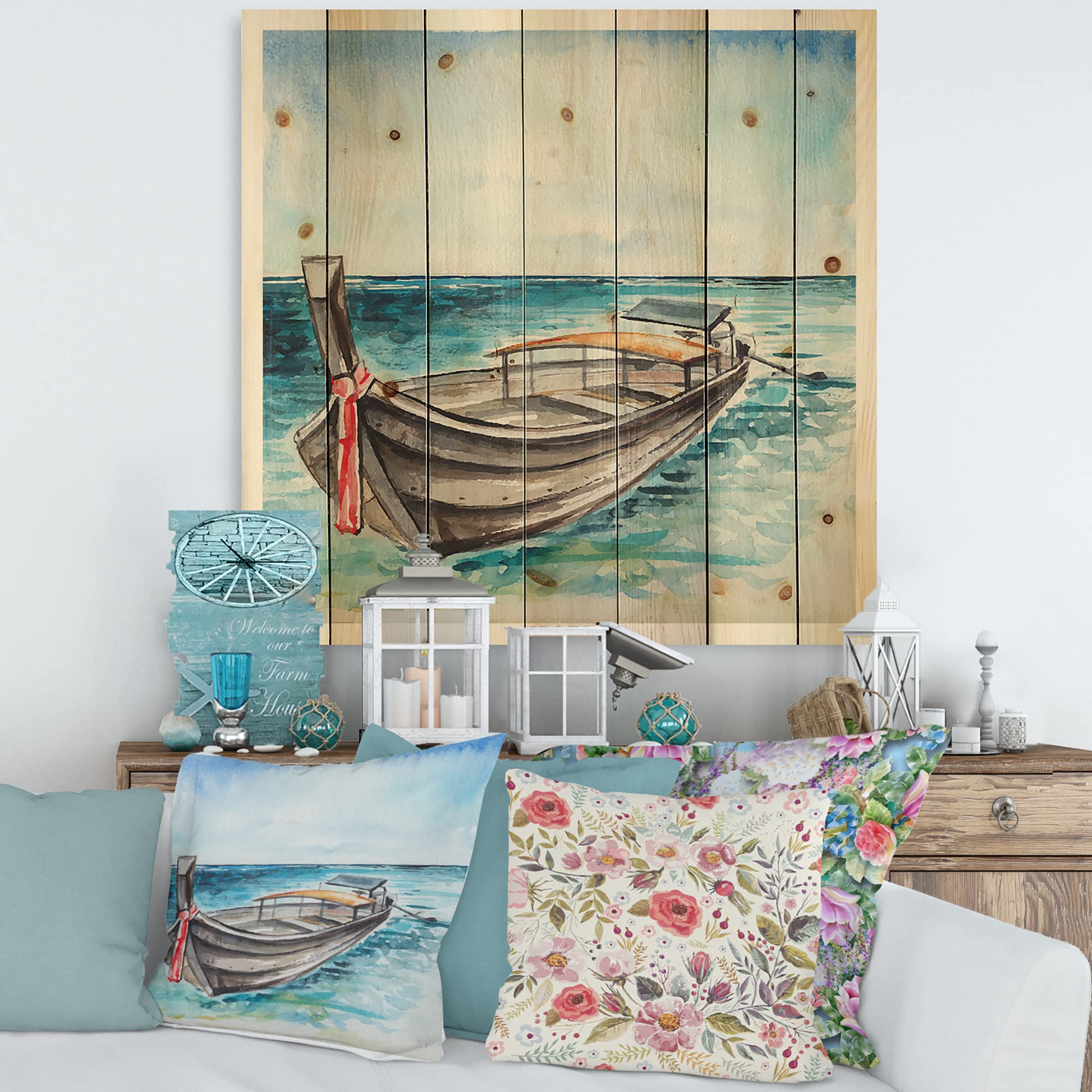 Nautical Coastal Wood Wall Decor - Little Boat At The Shore Blue Wood Wall Art, Large Transportation Wood Panels Printed on Natural Pine | Perfect for Beach House, Living Room & Office Decor