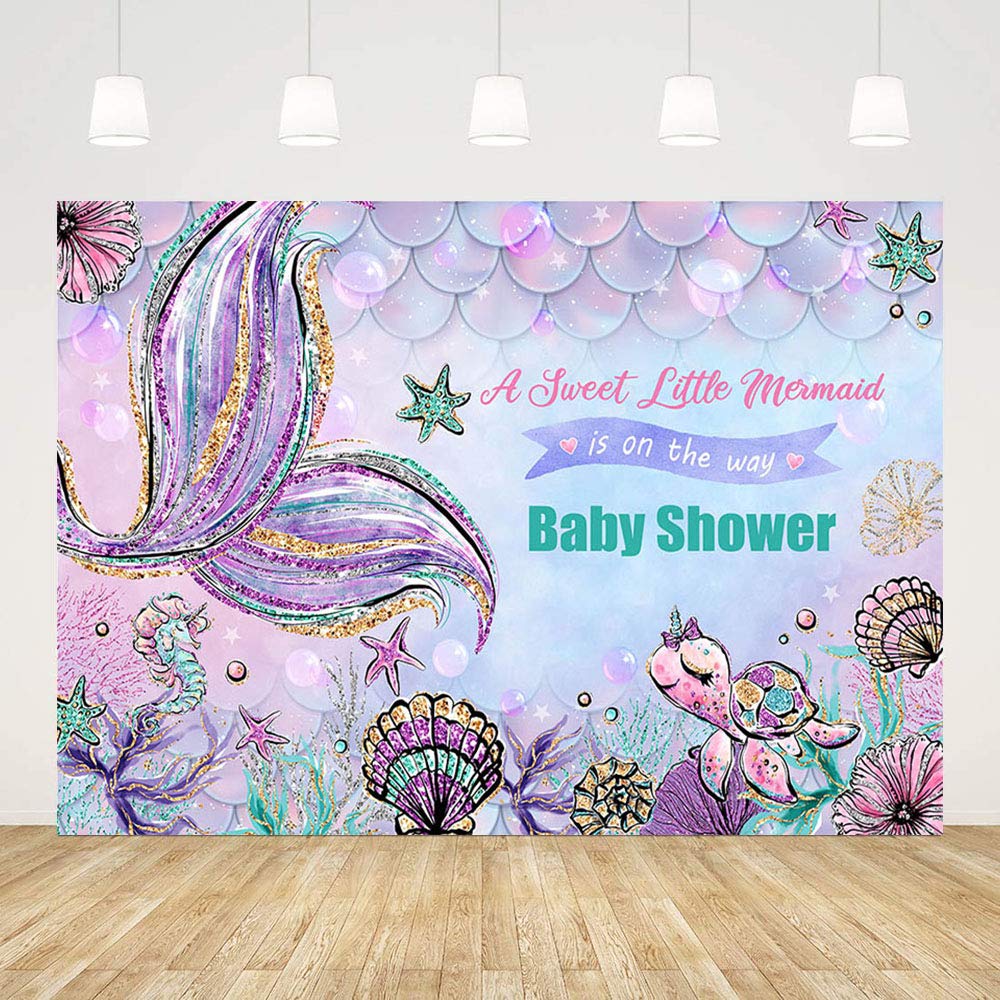 MEHOFOND 7x5ft Mermaid Baby Shower Backdrop - Under The Sea Photo Banner with Turtle & Scales for Girl's Shower Decor, Cake Table, Wall Decor | Perfect for Mermaid Theme Baby Showers, Birthday Parties & Underwater Photo Booths