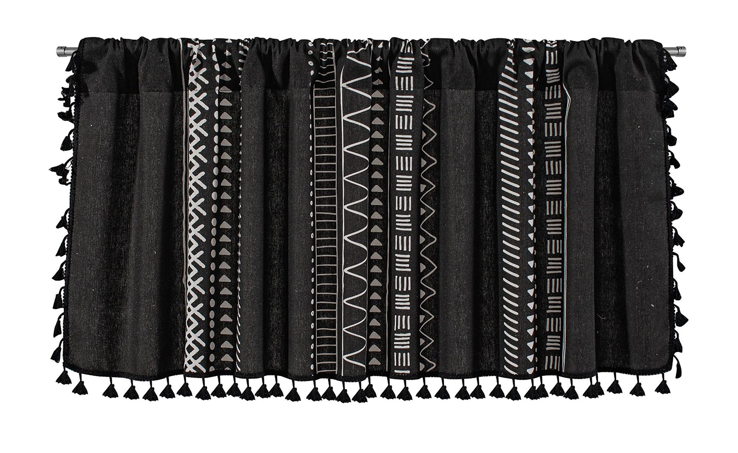 ABREEZE Boho Tassel Kitchen Valance - Black Geometric Cotton Linen Farmhouse Window Curtain Panel (59