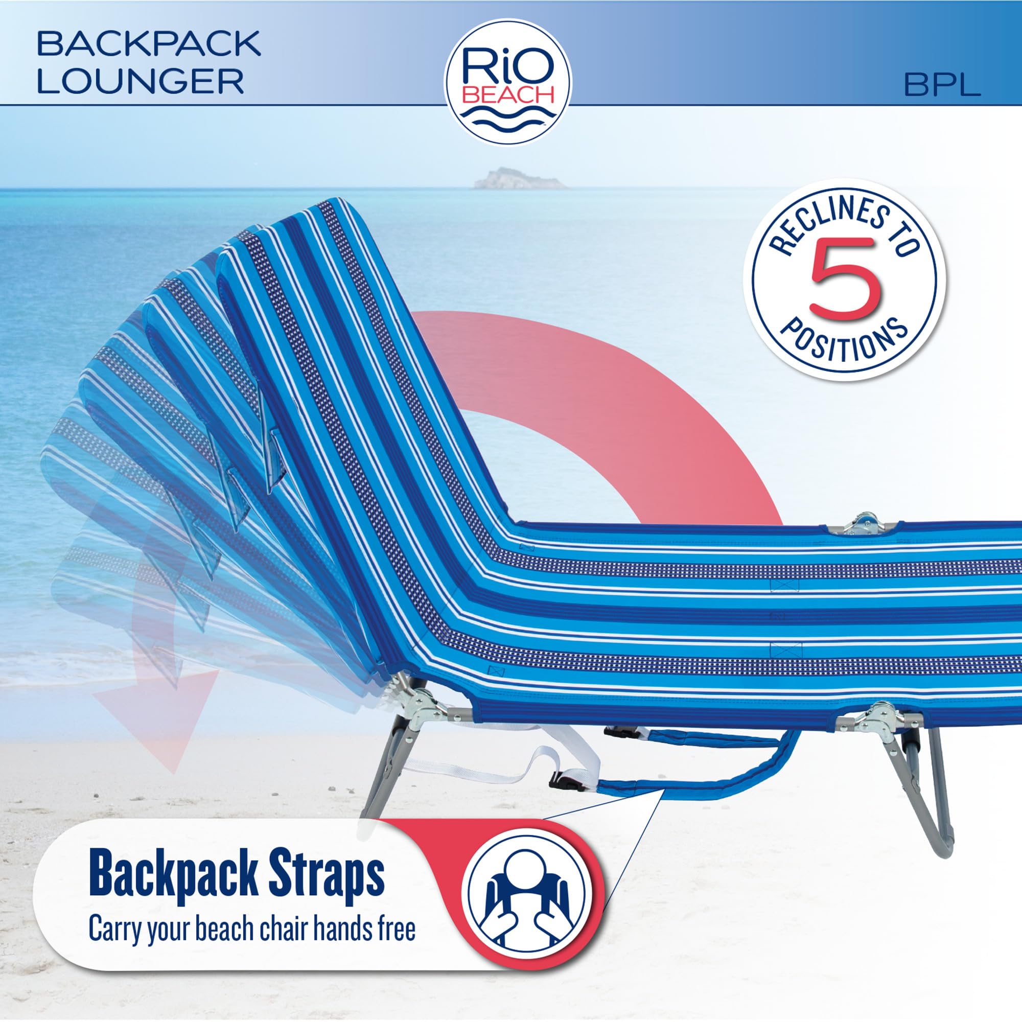 Rio Beach Portable Lay Flat Folding Backpack Beach Lounge Chair - Lightweight, Adjustable with Backpack Straps & Storage Pouch - Perfect for Beach, Pool, Camping & Outdoor Relaxation - Blue Stripe