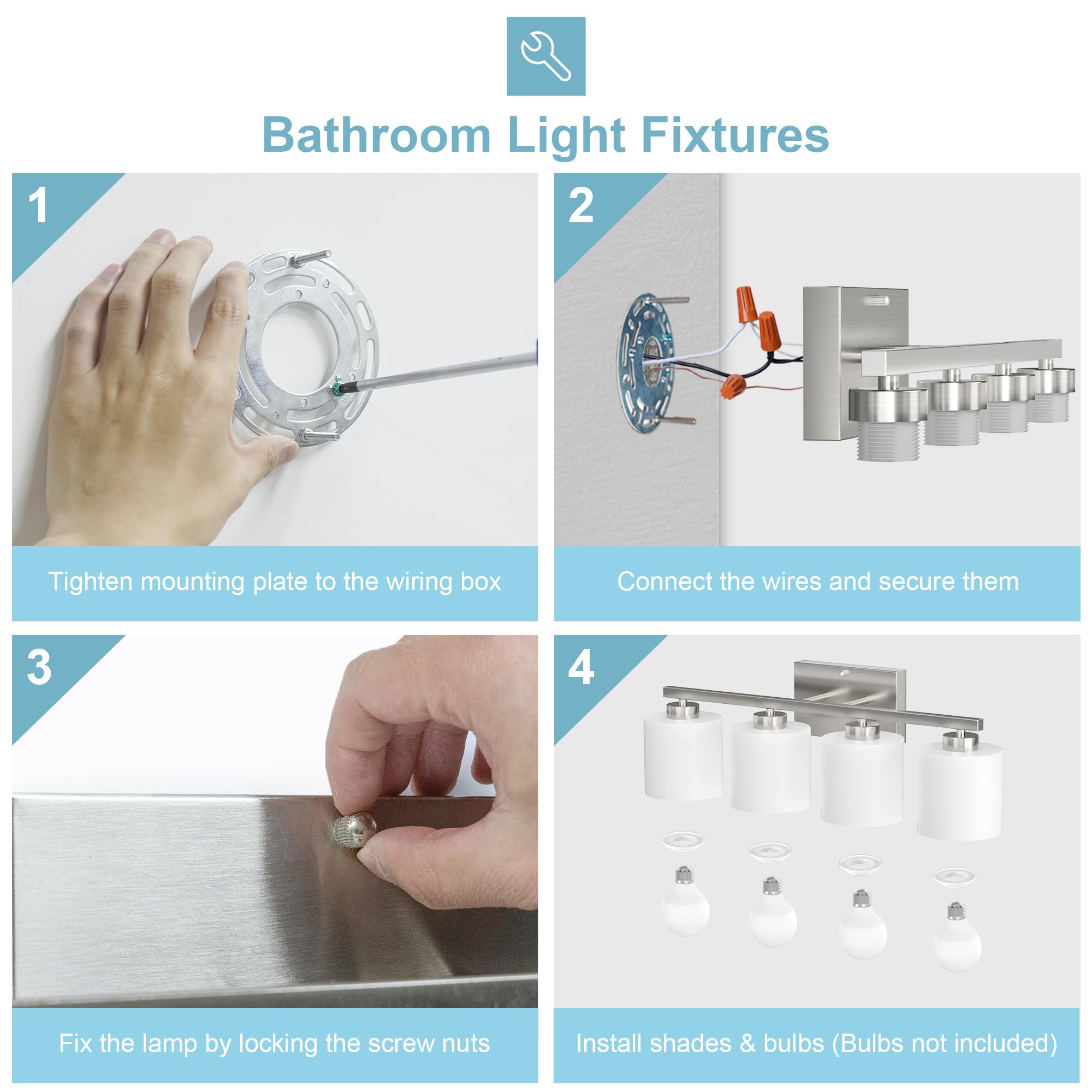 Modern 4-Light Bathroom Vanity Light Fixture - Brushed Nickel Finish with Frosted Shade & Anti-Rust Coating, E26 Base - Perfect for Bathroom, Powder Room & Dressing Area Lighting