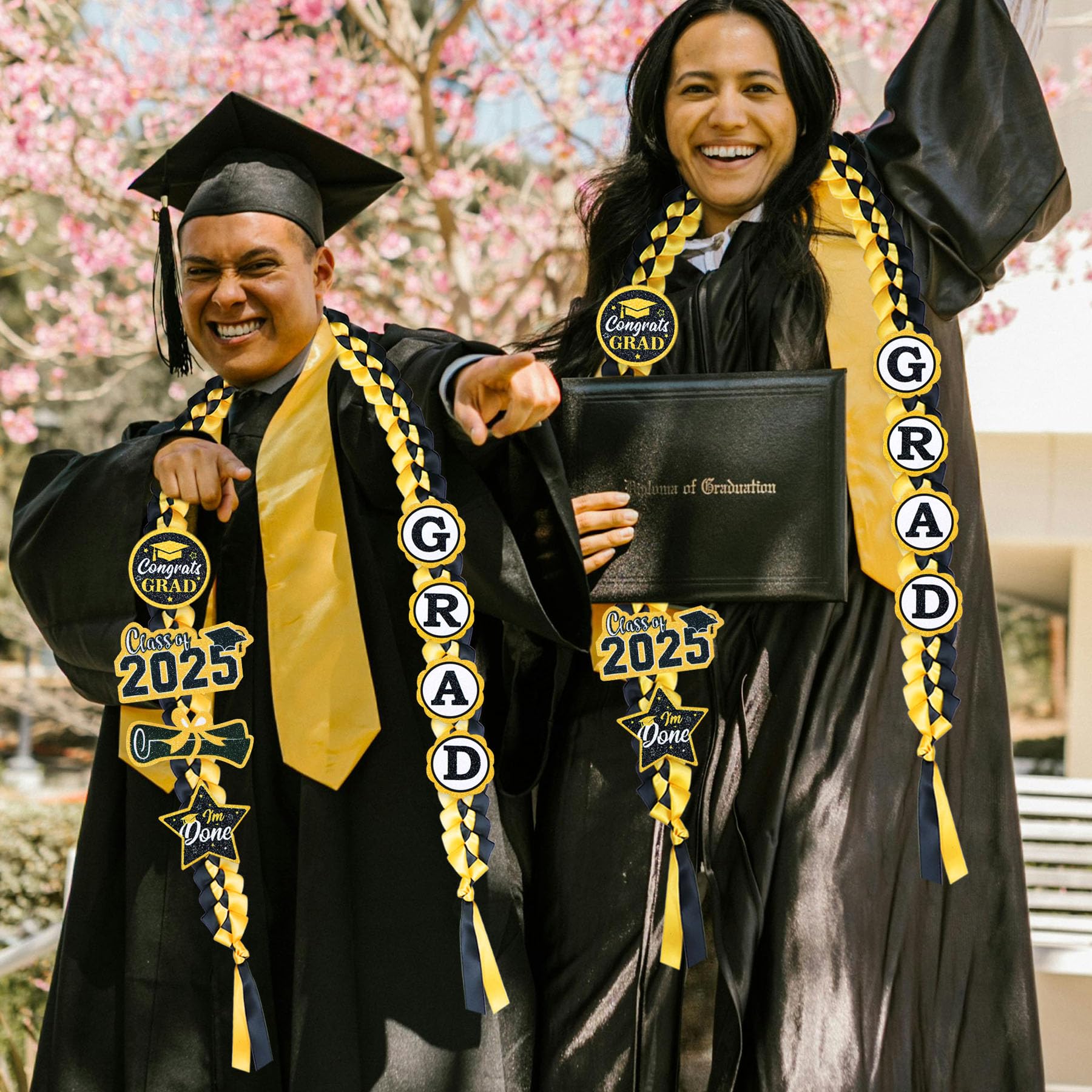 2025 Graduation Money Leis - Handmade Double Braided Ribbon Lei with 8 Glitter Patches for Graduation Party Decor (Black & Gold) | Perfect for High School & College Graduation Gifts