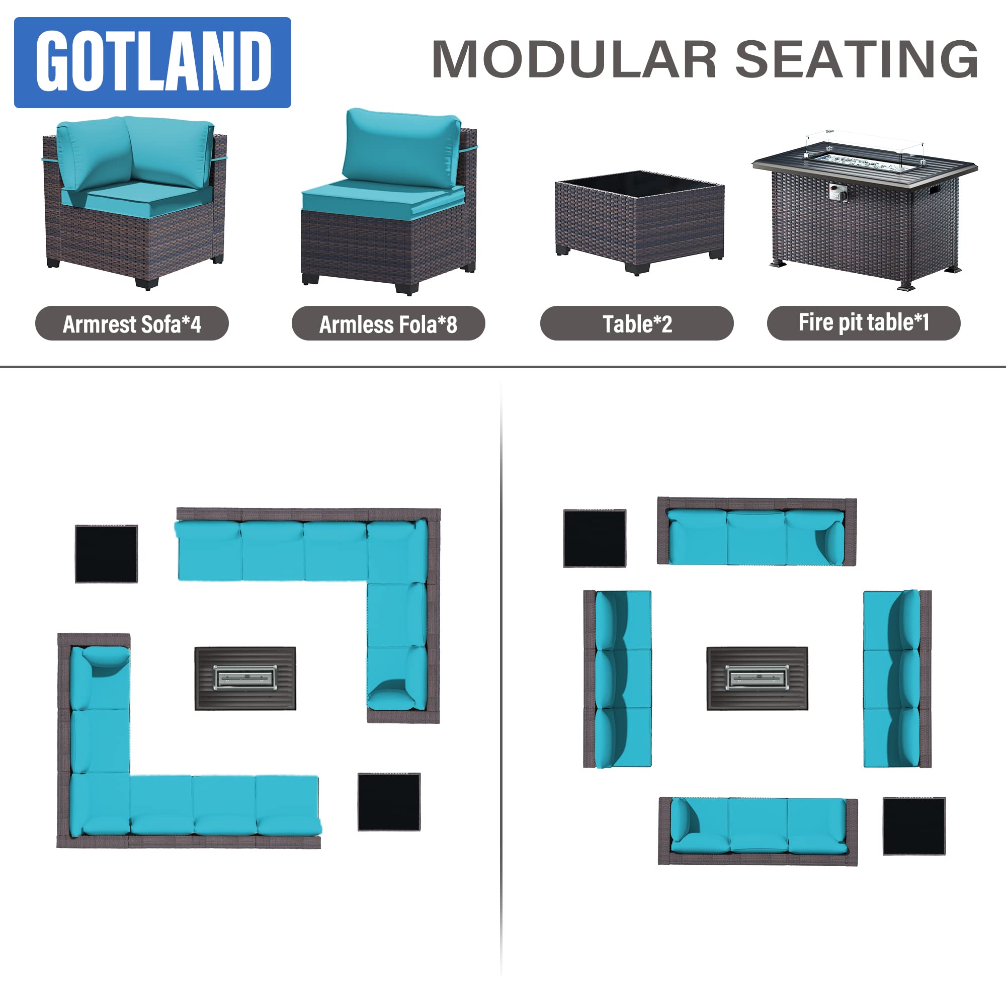 Gotland 15-Piece Outdoor Patio Furniture Set with 43-inch Gas Fire Pit Table - 55,000 BTU Auto-Ignition Sectional Sofa Set with Glass Wind Guard - Perfect for Backyard, Garden, and Poolside Gatherings