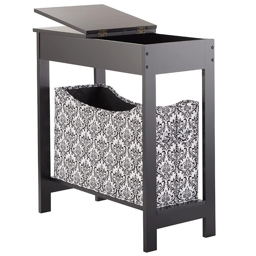 Lakeside Collection Side Table with Fashion Print Storage Bin - Black Fabric Basket | Small End Table with Storage for Living Room, Bedroom & Office