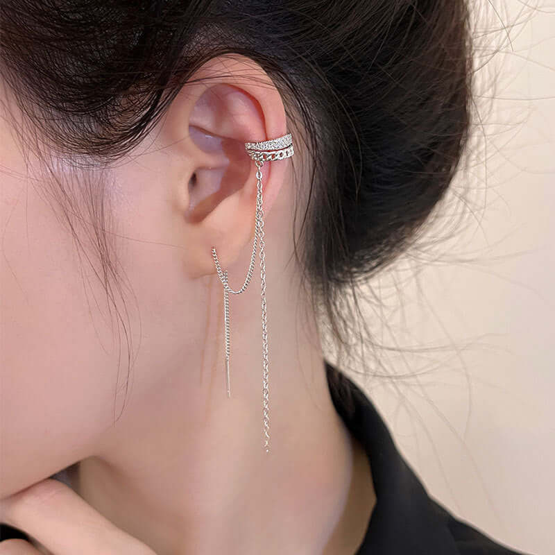 Silver Tassel Two Hole Link Chain Ear Cuff Earrings for Women | Boho Chic Jewelry for Parties, Weddings & Everyday Wear | R2772