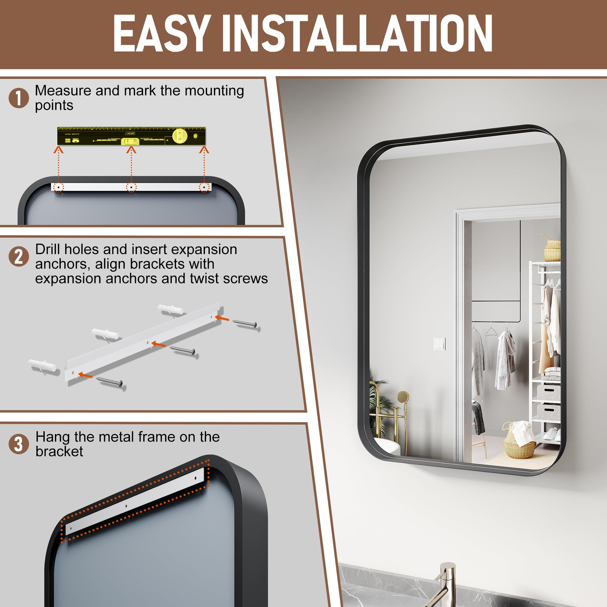 24 x 36 Inch Black Aluminum Alloy Framed Bathroom Mirror - Tempered Glass Rounded Rectangle Wall Mirror for Bathroom, Bedroom & Hallway - Vertical or Horizontal Hanging - Shatterproof & Durable Design