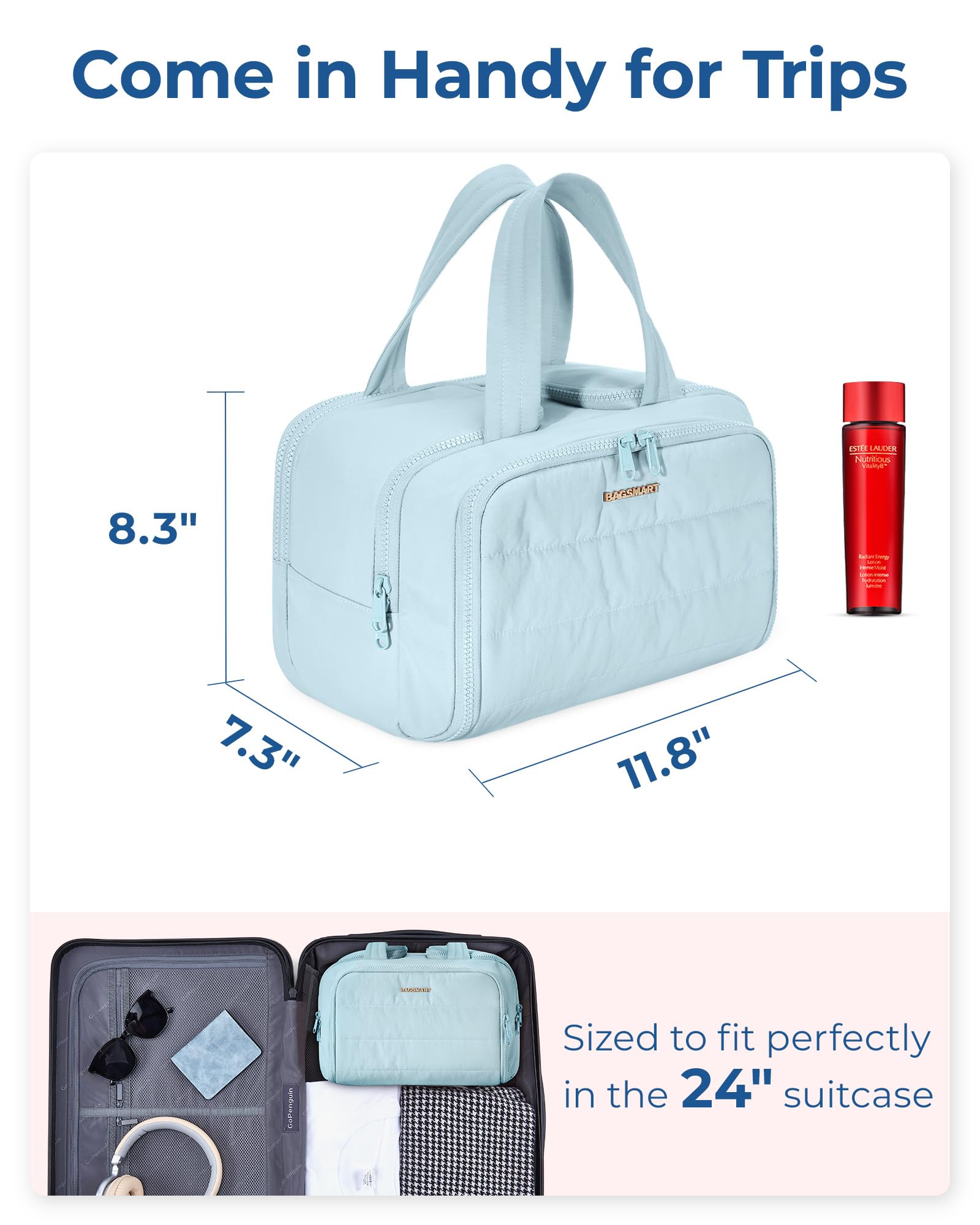BAGSMART Large Travel Toiletry Bag for Women - Lightweight Waterproof Cosmetic Organizer with Handle for Makeup, Toiletries & Accessories - Perfect for Vacation, Gym & Business Trips (Blue)
