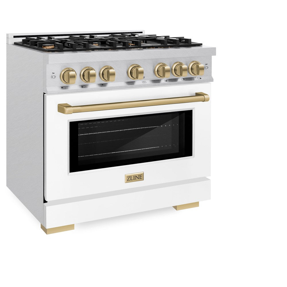 ZLINE Autograph Edition 36-inch 5.2 cu. ft. Dual Fuel Range - 6 Burner Gas Cooktop & Electric Convection Oven - Satin Stainless Steel with White Matte Door & Champagne Bronze Accents (HDRSZ WM 36 CB) | Professional Kitchen Appliance for Home Chefs & Cooking Enthusiasts