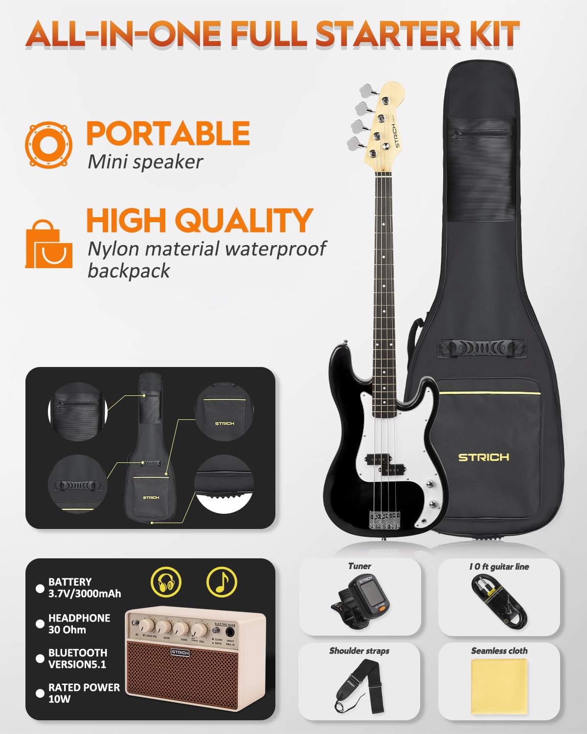 STRICH 4-String Electric Bass Guitar Full Size Beginner Kit - PB-Style Standard Bass with 20W Amp, Gig Bag, Tuner, Strap & Cable (SPB-S10 Black) - Perfect for Beginners, Practice & Live Performances