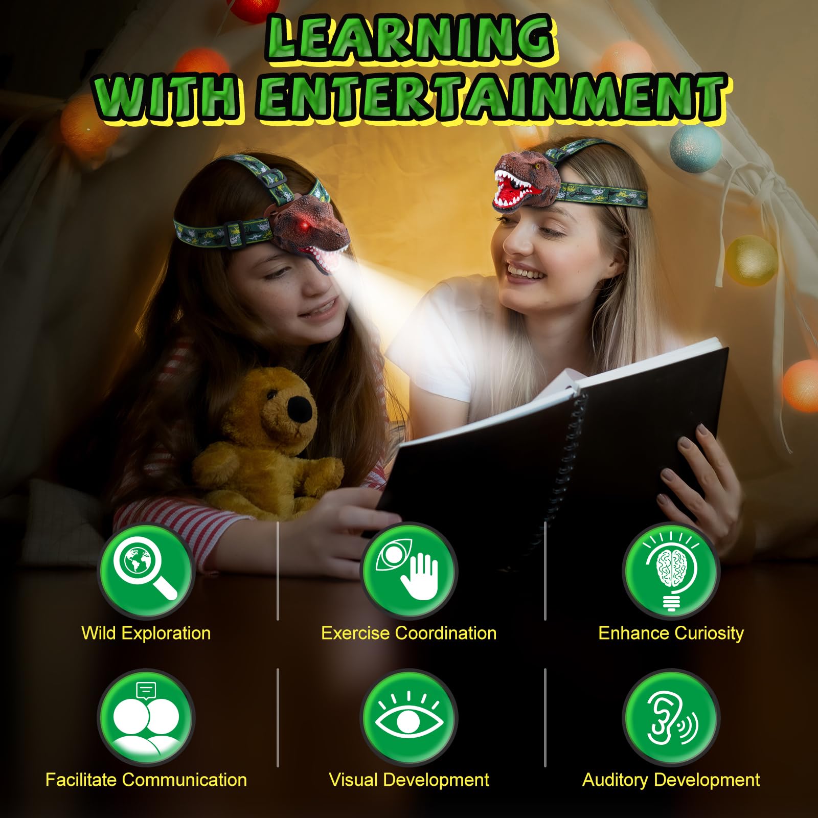 Rechargeable Dinosaur Headlamp for Kids - T-Rex LED Flashlight with Roar Mode for Camping & Gifts