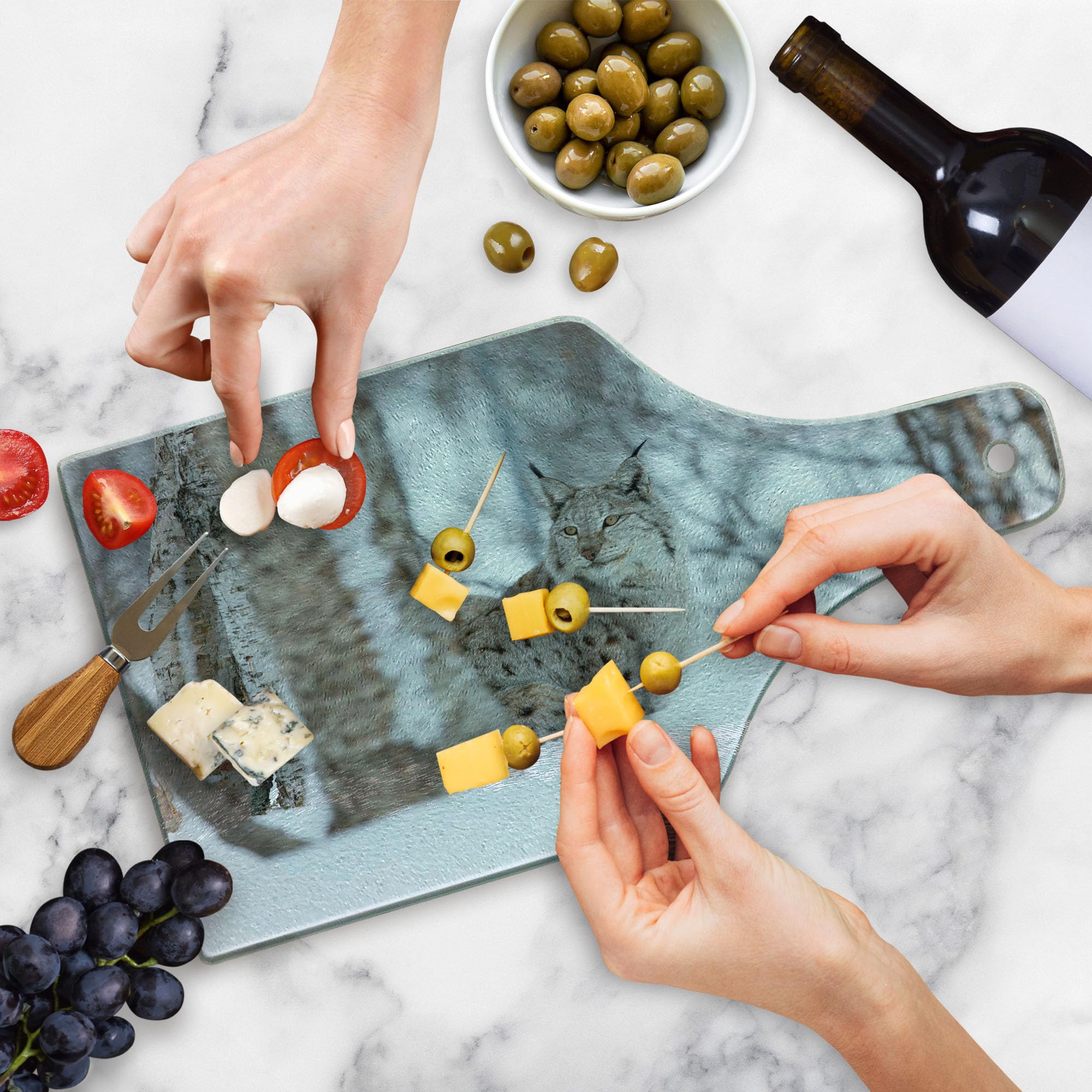 Ambesonne Lynx Glass Cutting Board - Nordic Wildlife Design, Tempered Glass Serving Board for Kitchen, Wine Bottle Shape - Perfect for Charcuterie, Cheese & Wine Pairing, Holiday Gifts & Home Decor