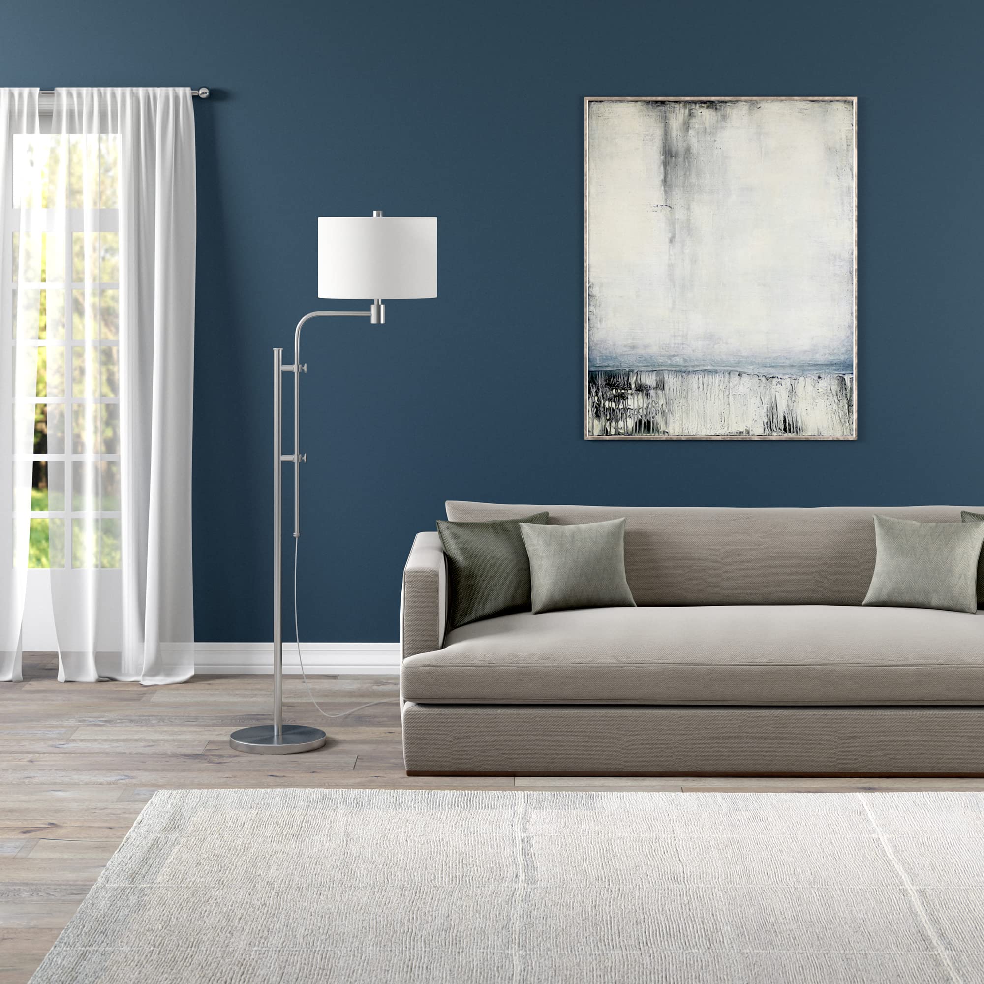 Henn&Hart Adjustable Floor Lamp with Fabric Shade - Brushed Nickel Finish for Living Room, Bedroom, Office | Modern Lighting for Reading, Working & Relaxing