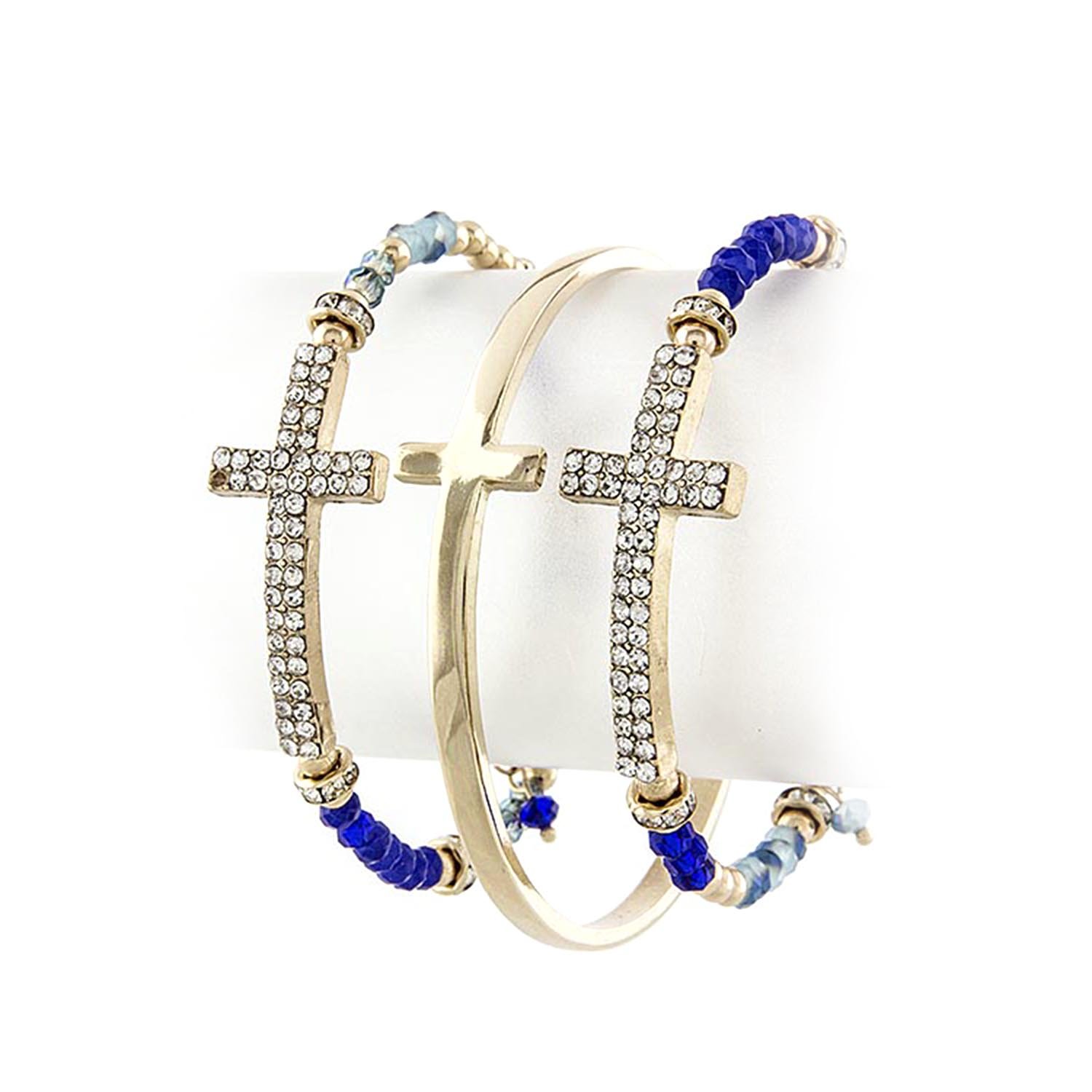 JewelryVolt Stacked Gold Cross Beaded Bracelet with CZ Stones - Elegant Christian Jewelry for Women, Perfect for Church, Weddings & Everyday Wear
