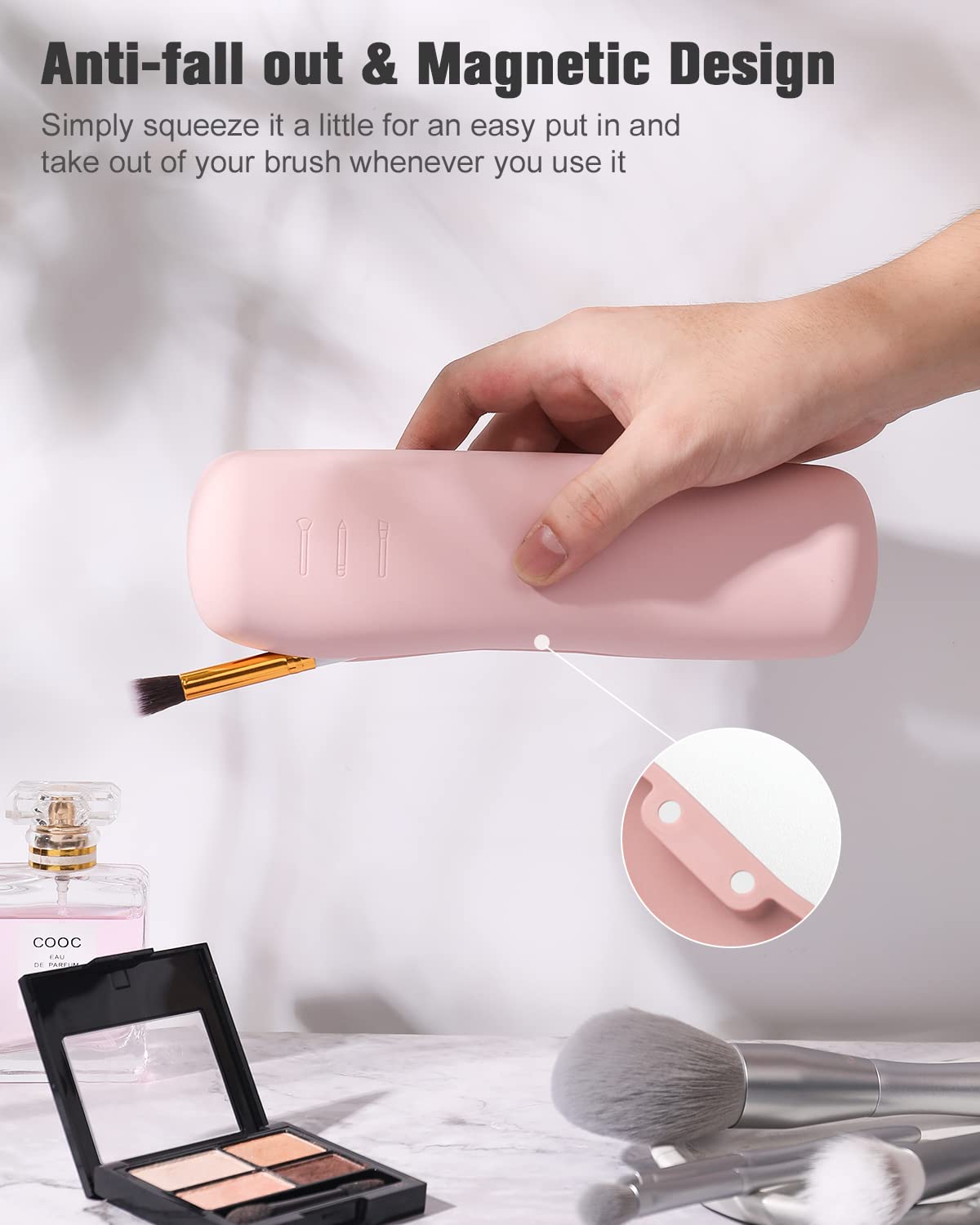 FERYES Travel Makeup Brush Holder - Silicone Cosmetic Brush Organizer with Case, Portable & Soft Makeup Tools Storage for Women | Perfect for Travel, Home & Salon Use (Pink)