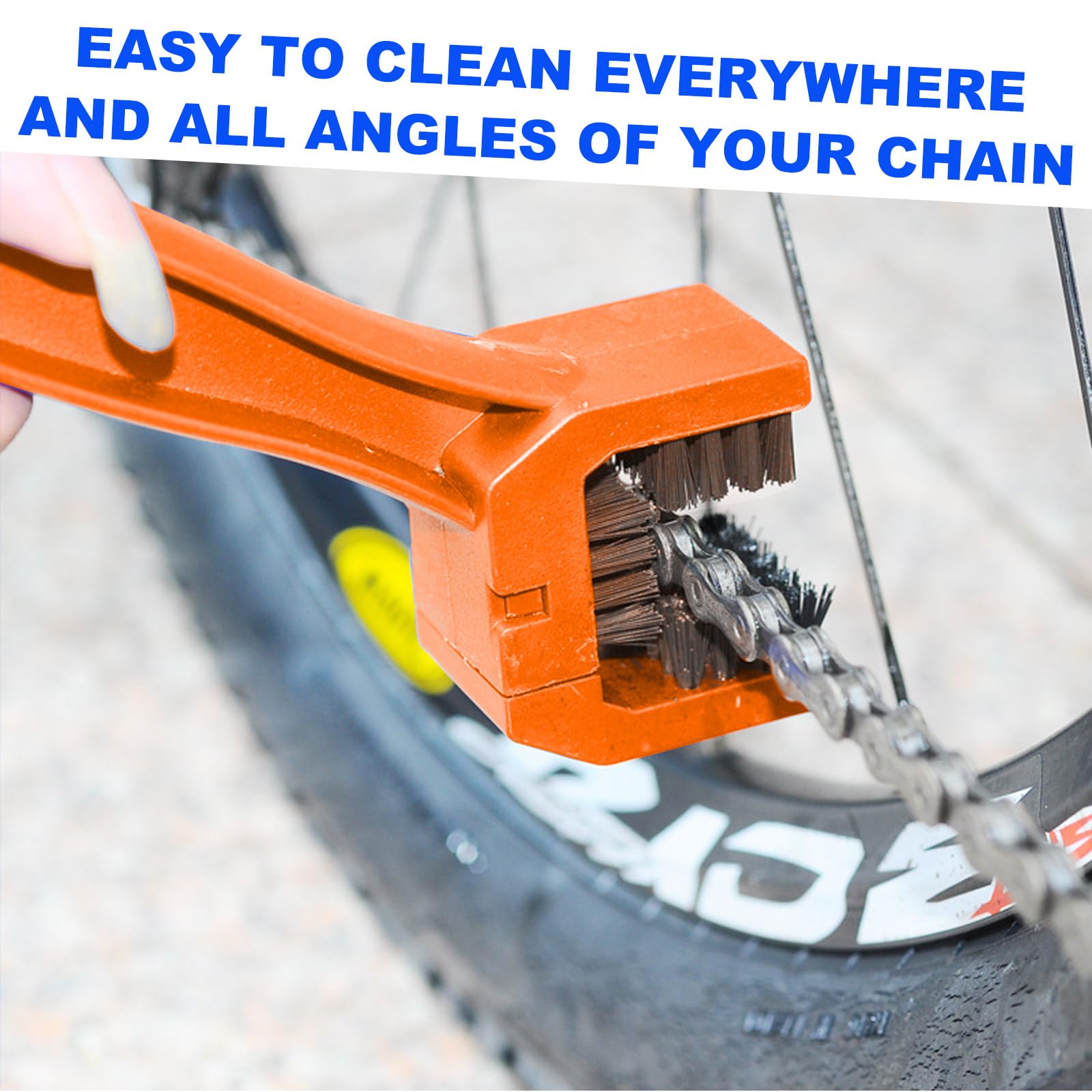 Universal Bike & Motorcycle Chain Cleaner Brush - 3-Side Scrubber for Bicycle & Motorcycle Maintenance (Orange)