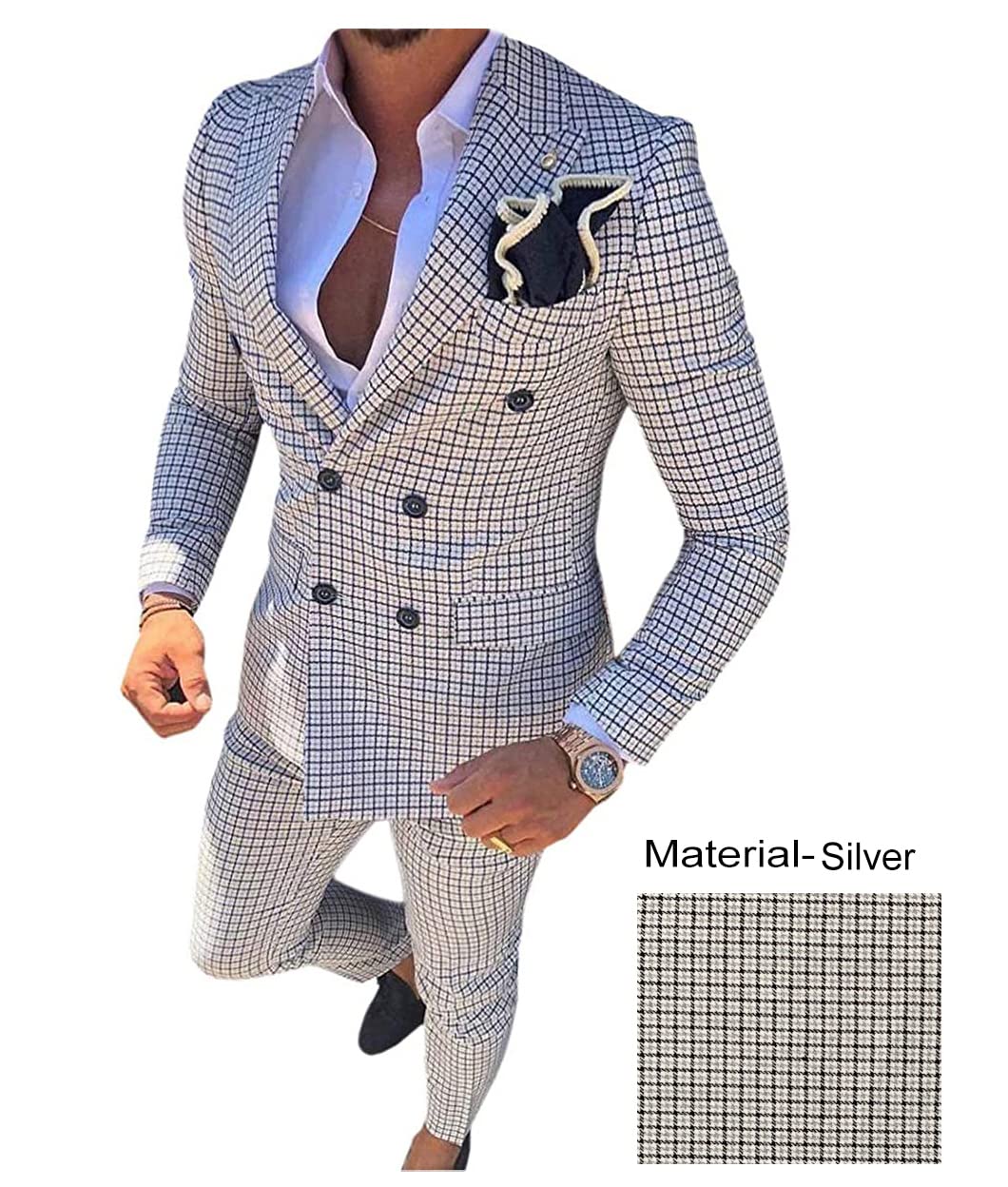Men's Slim Fit Double Breasted Plaid Suit Set (Blazer + Pants) for Wedding, Groomsmen & Formal Occasions | 2-Piece Casual Business Attire for Office, Parties & Special Events