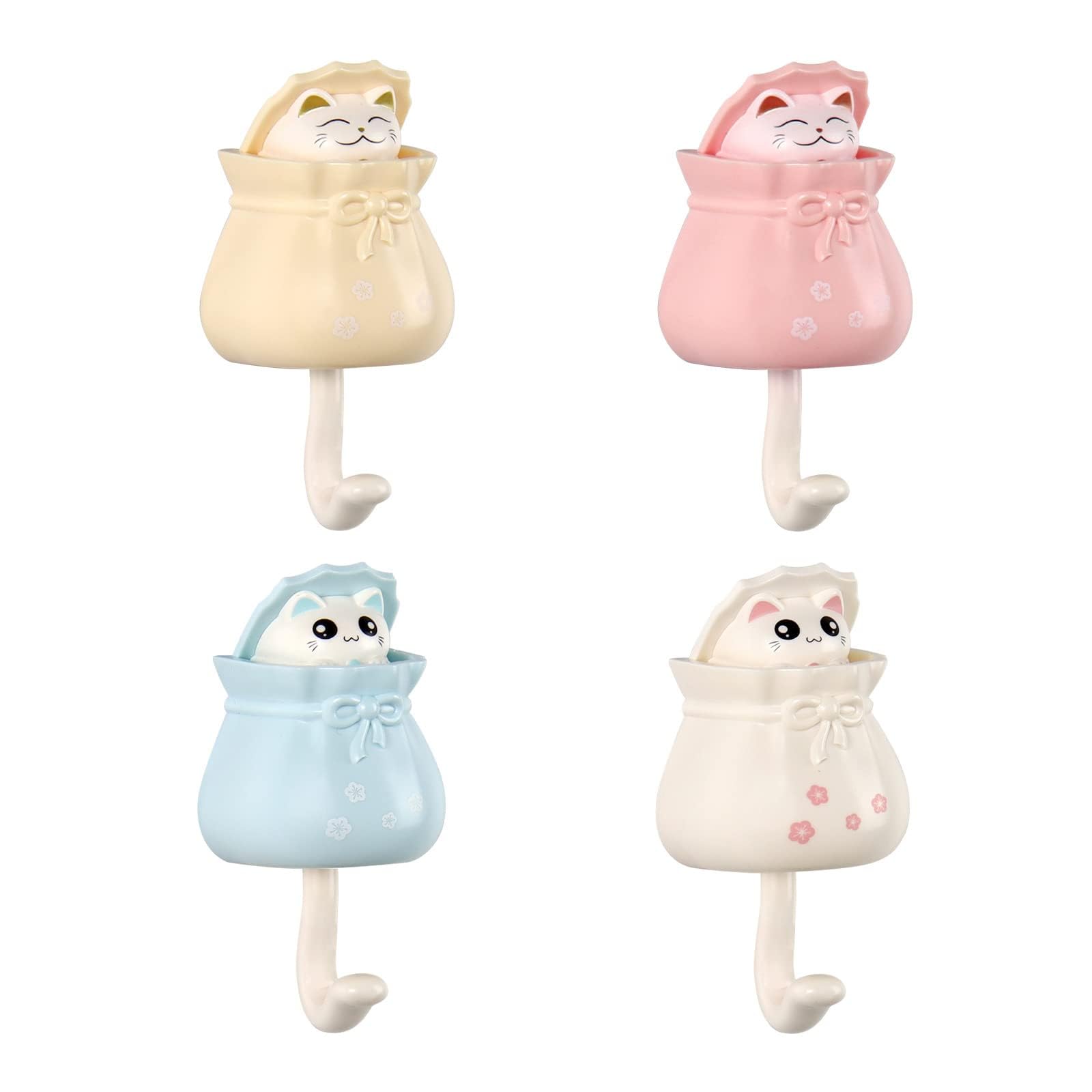 4-Pack Cute Adhesive Wall Hooks - Cat Shaped Key Holder for Room Decor | Heavy Duty Wall Mounted for Towel, Backpack, Hat & Scarf | Perfect for Bedroom, Bathroom, Entryway & Dorm Organization
