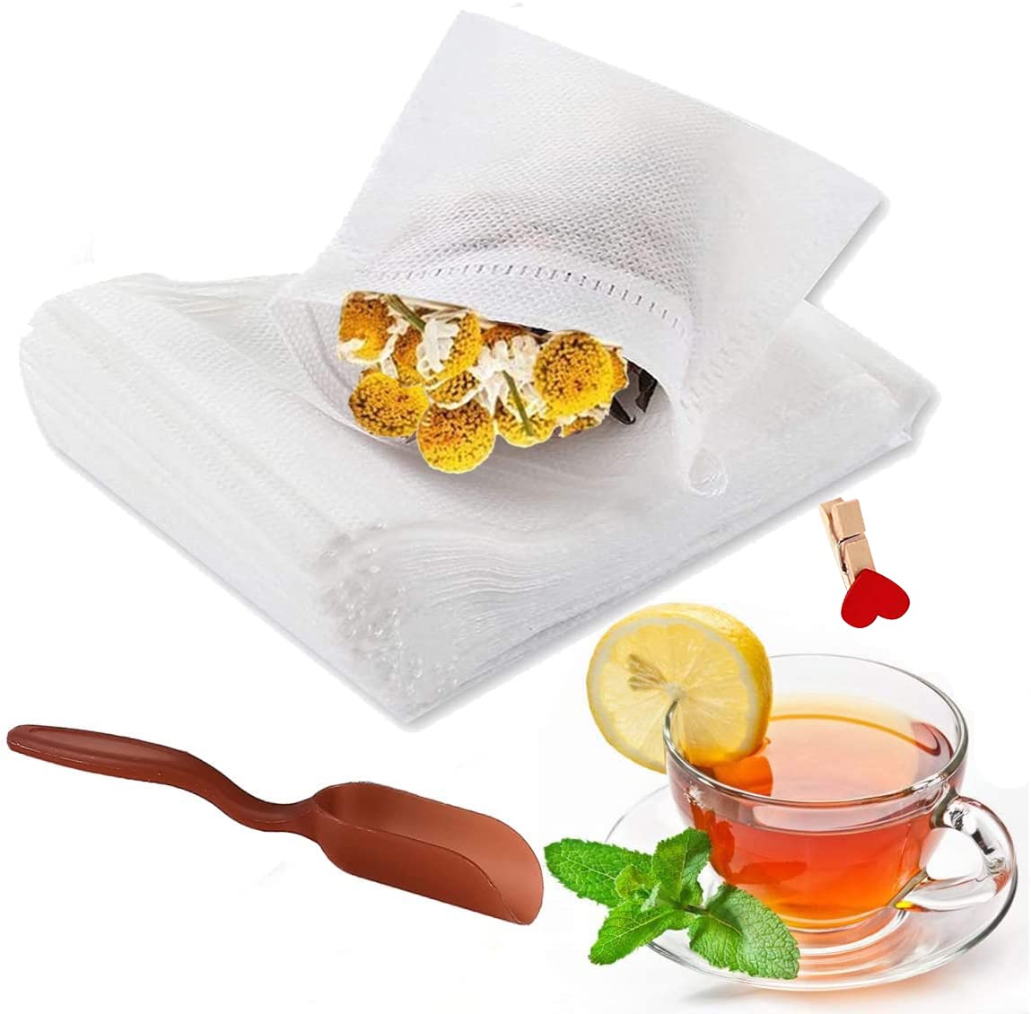 400 Pcs Disposable Loose Leaf Tea Bags with Drawstring - Empty Tea Infuser Bags for Brewing Tea & Coffee - Includes Free Tea Spoon - Perfect for Home, Office & Travel Use