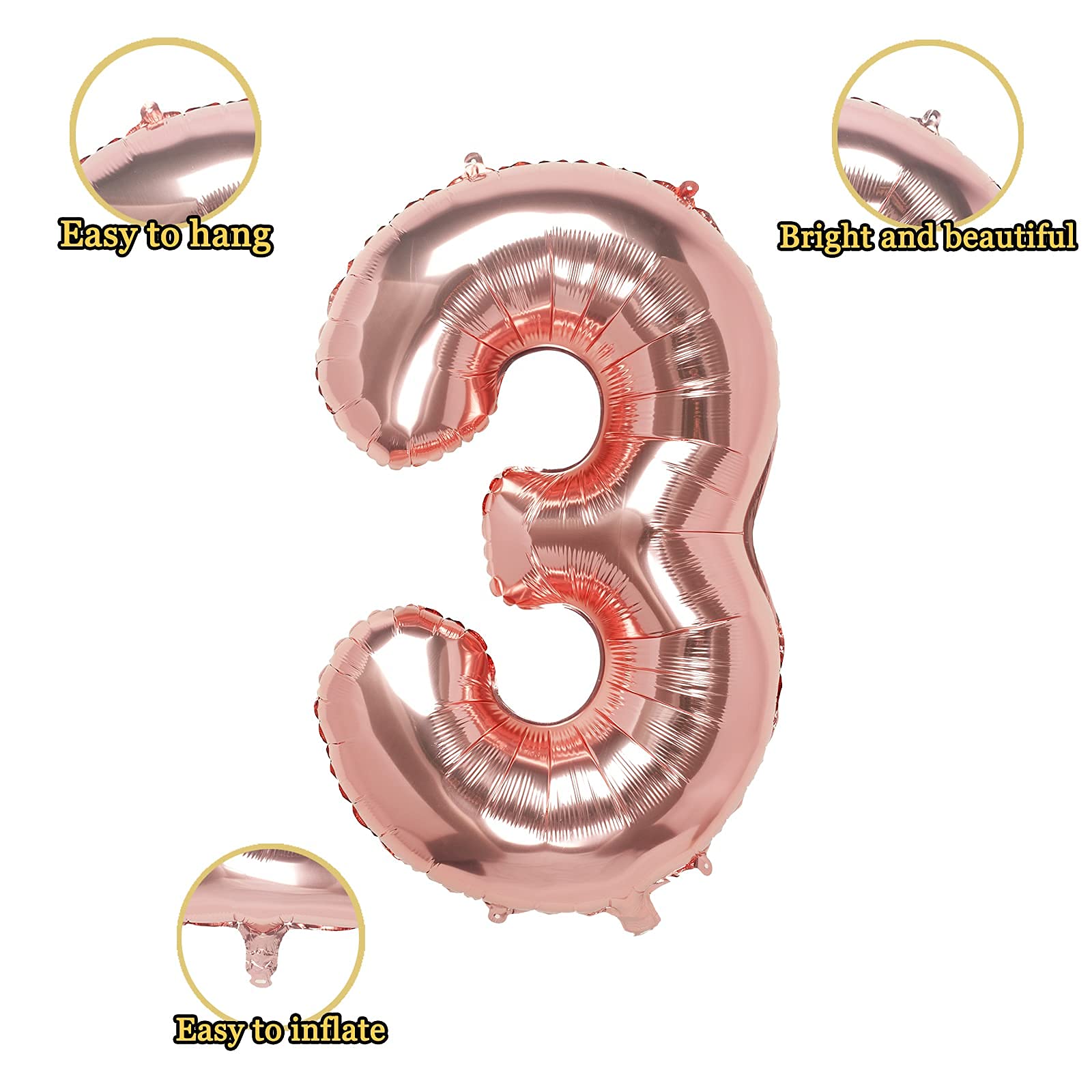 32 Inch Rose Gold Number 3 Foil Balloons - Pack of 1 - Large Metallic Birthday Party Decorations for Anniversaries, Baby Showers & Graduations - Perfect for Photo Backdrops & Event Centerpieces