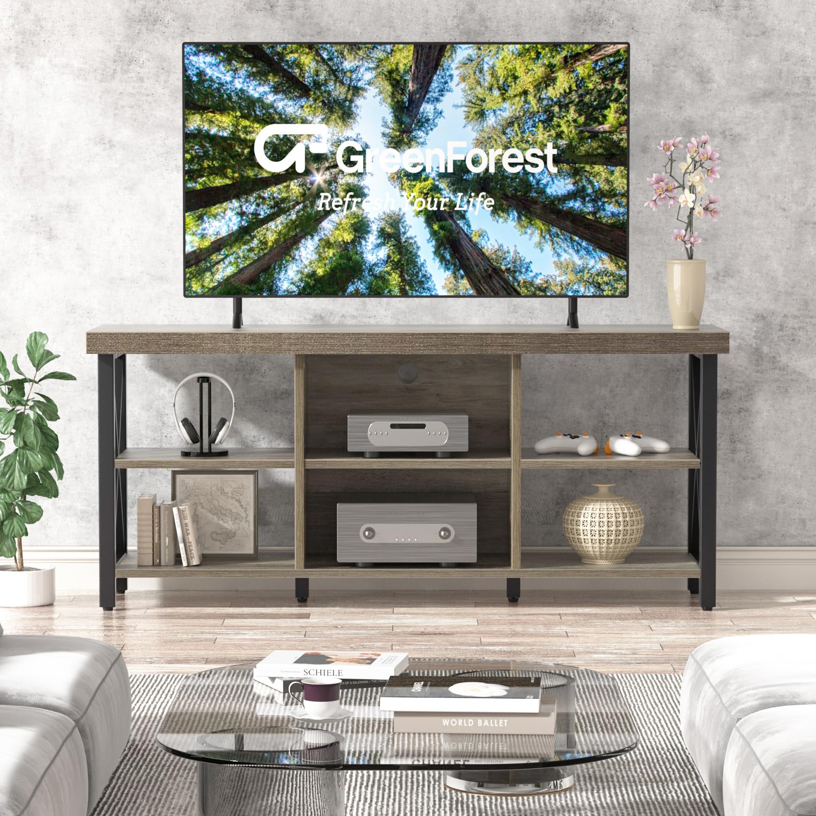 GreenForest 65 Inch TV Stand with 6 Storage Cabinets - Farmhouse Industrial Entertainment Center for Living Room, Gray | Perfect for Home Theater Setup & Living Room Organization