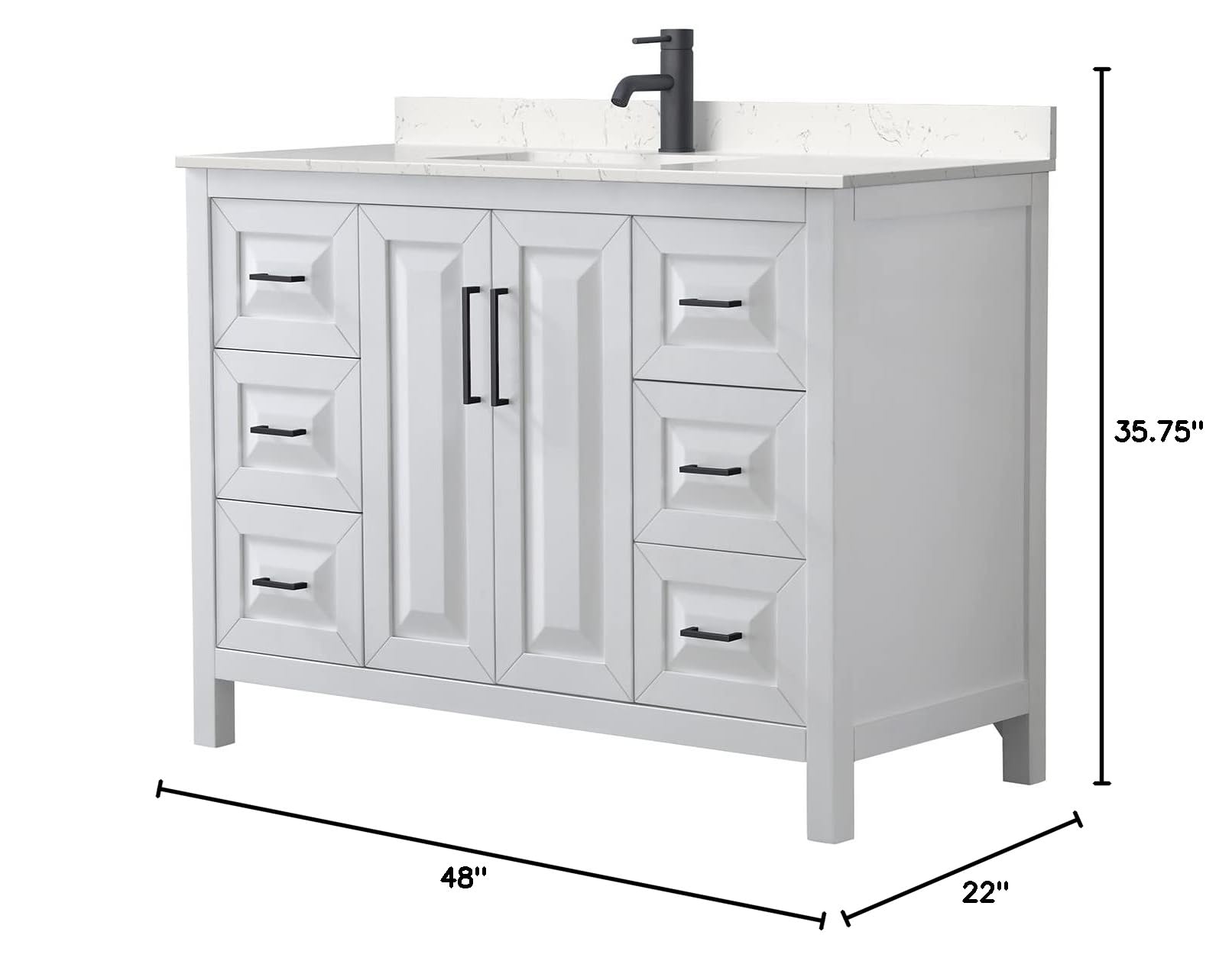 Wyndham Collection Daria 48 Inch White Bathroom Vanity with Light-Vein Carrara Cultured Marble Countertop & Undermount Square Sink - Matte Black Trim - Perfect for Modern Bathrooms, Master Suites & Home Renovations